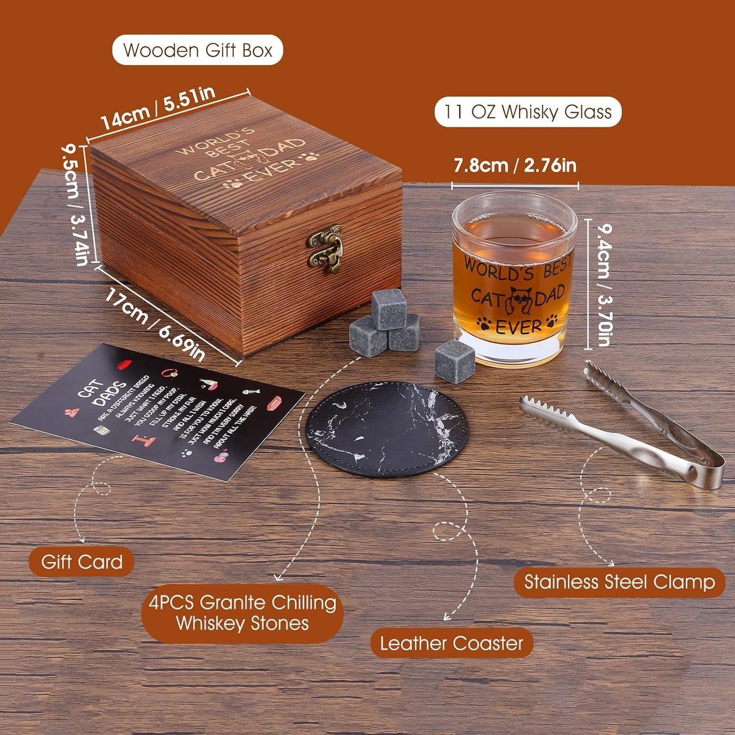 Bayelove Cat Dad Gifts, Best Gift for Dad, Gift with 12oz Whiskey Glasses, Stones, Coaster, Wooden Box for Catfather