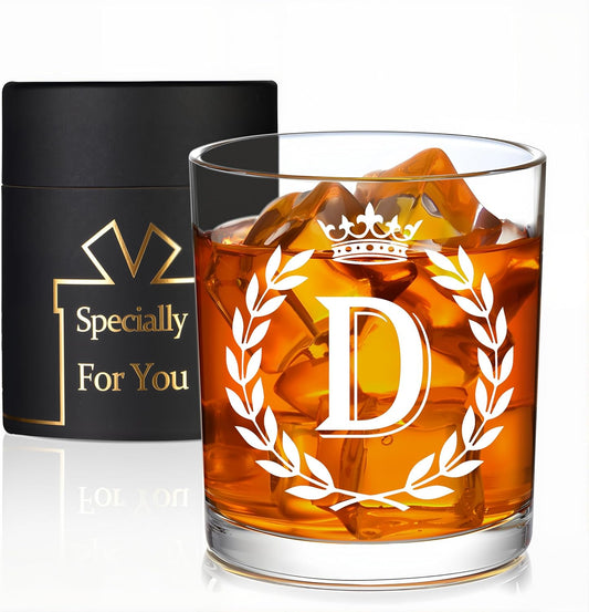 Personalized Whiskey Glasses Gifts for Men, Letter D Initial Whiskey Glass, Christmas Birthday Gifts for Men Husband Brother Dad, 10 OZ Old Fashioned Glass with Gift Box(Letter D)