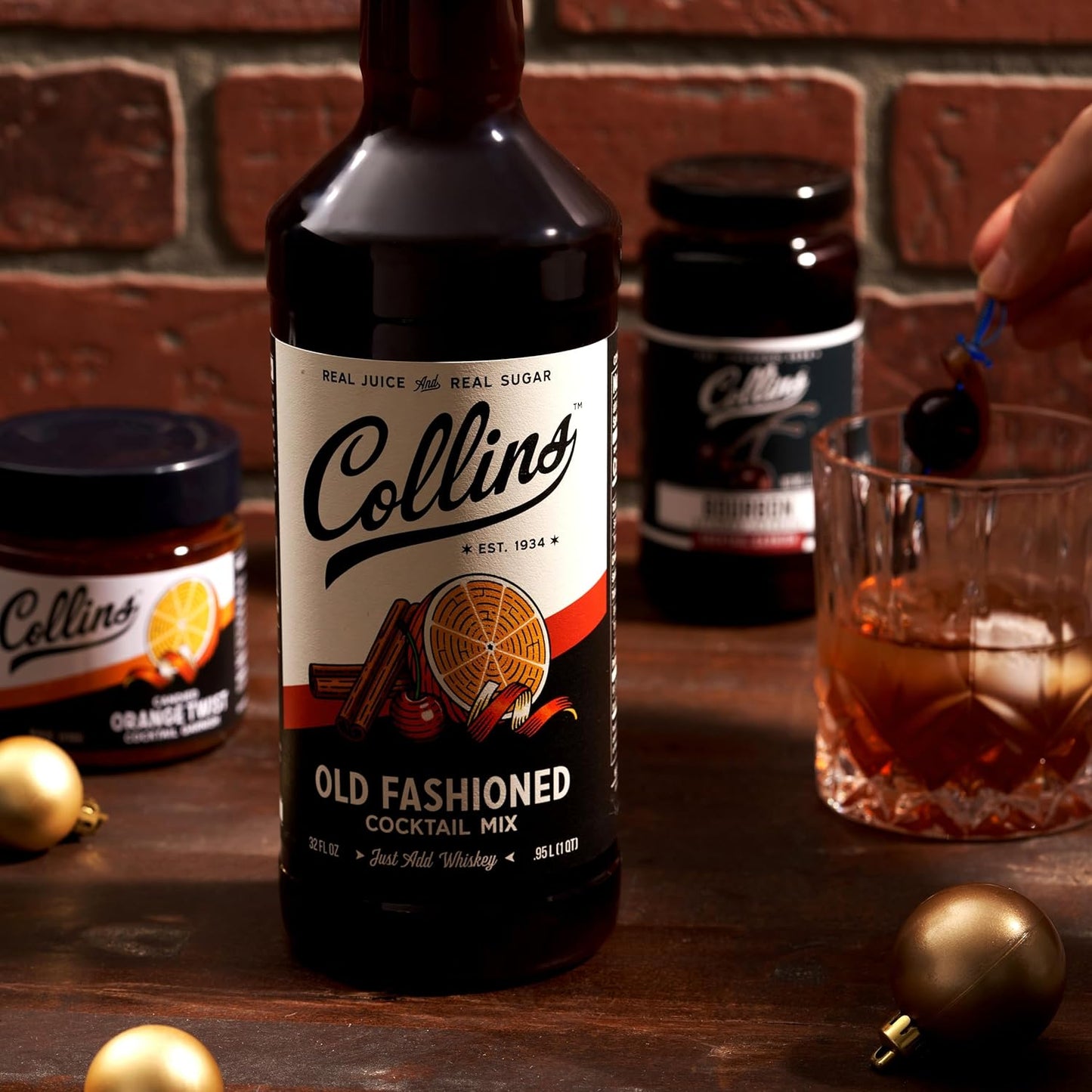 Collins Old Fashioned Kit, Cocktail Gift Set with Old Fashioned Mix, Bourbon Cherries, Candied Orange Garnish & Picks, Mixology Gift Set of 4 for Party Drinks, Holiday Celebrations and Christmas Gifts