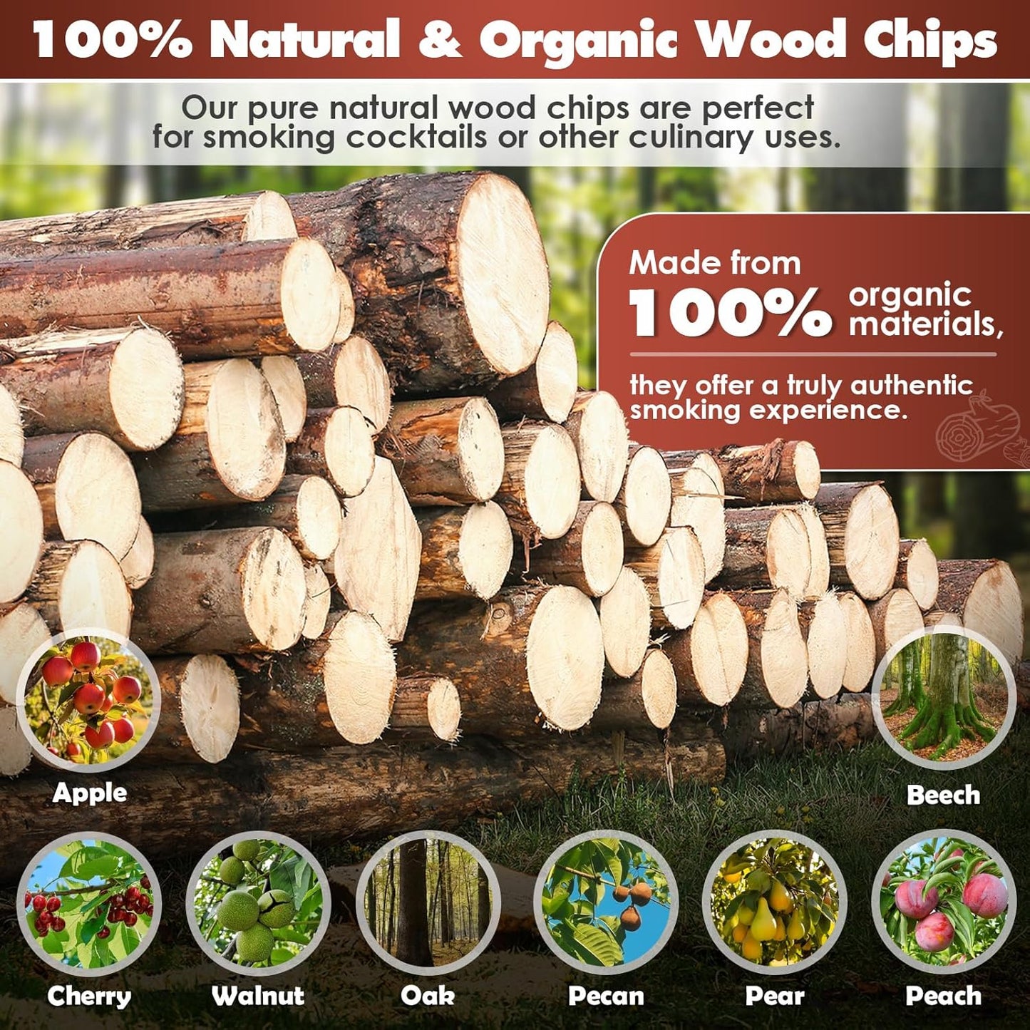 Natural Wood Chips for Smoker, (8 Gift Pack - Apple, Cherry, Oak, Pecan, Pear, Peach, Walnut, Beech) 8 OZ Each| Smoker Woodchips for Smoking Gun and BBQ, Great for Beef Pork Chicken Fish and Whisky