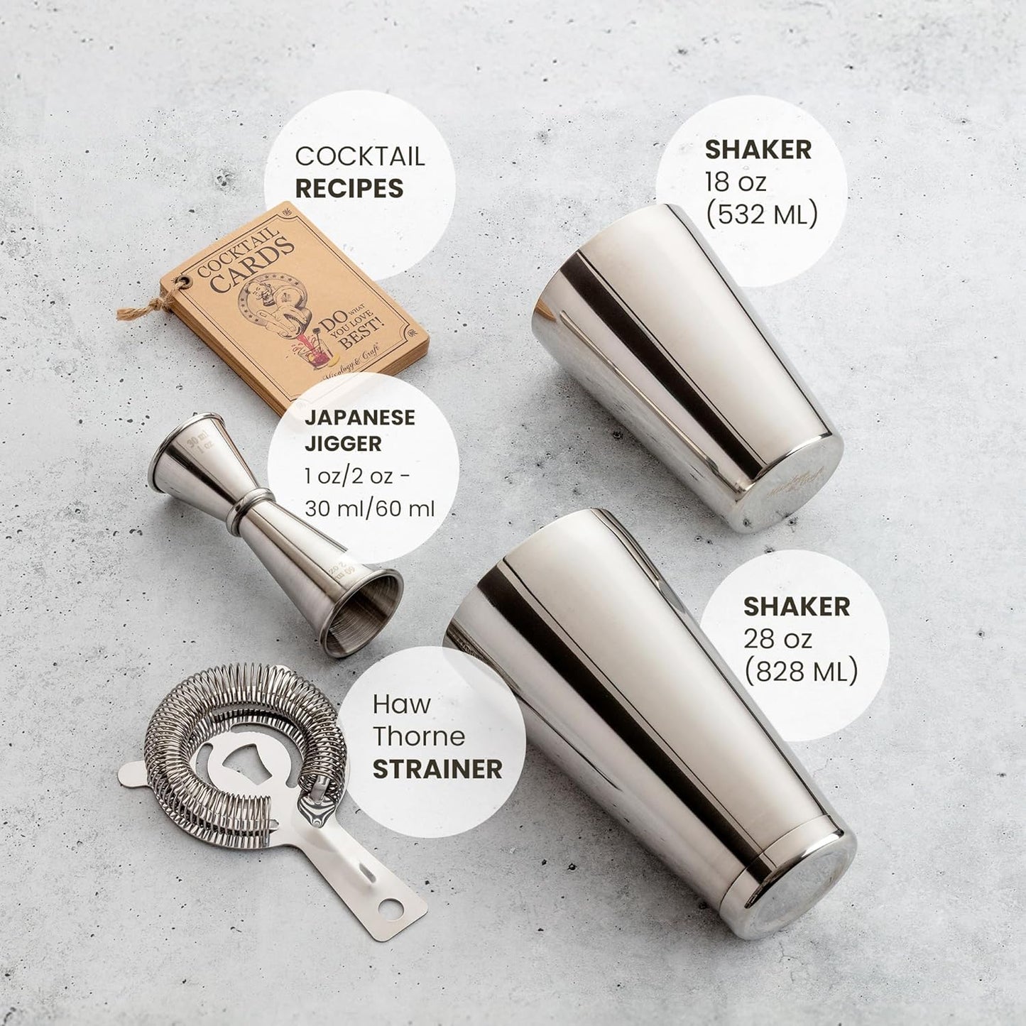 Mixology & Craft Boston Shaker Set with Weighted Martini Mixers, Strainer, Japanese Jigger, Leak-Proof Silver Finish, Exclusive Recipe Cards – Ideal Bar Tools Gift for Home Or Professional Use