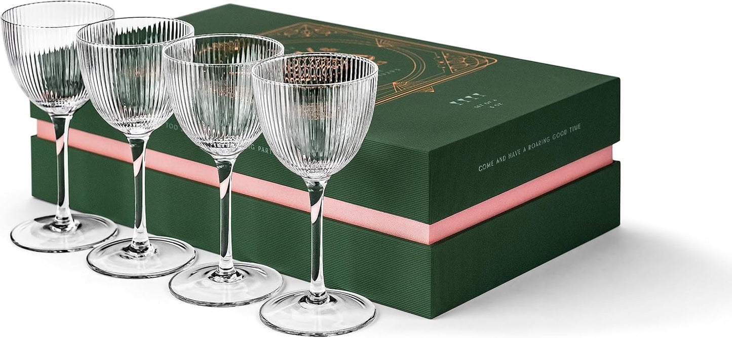 Vintage Art Deco Nick and Nora Coupe Glasses | Set of 4 | 5 oz Crystal Ribbed Cocktail Glassware for Drinking Classic Gin, Whiskey, Vodka Bar Drinks | Retro Long Stemmed Barware Goblets