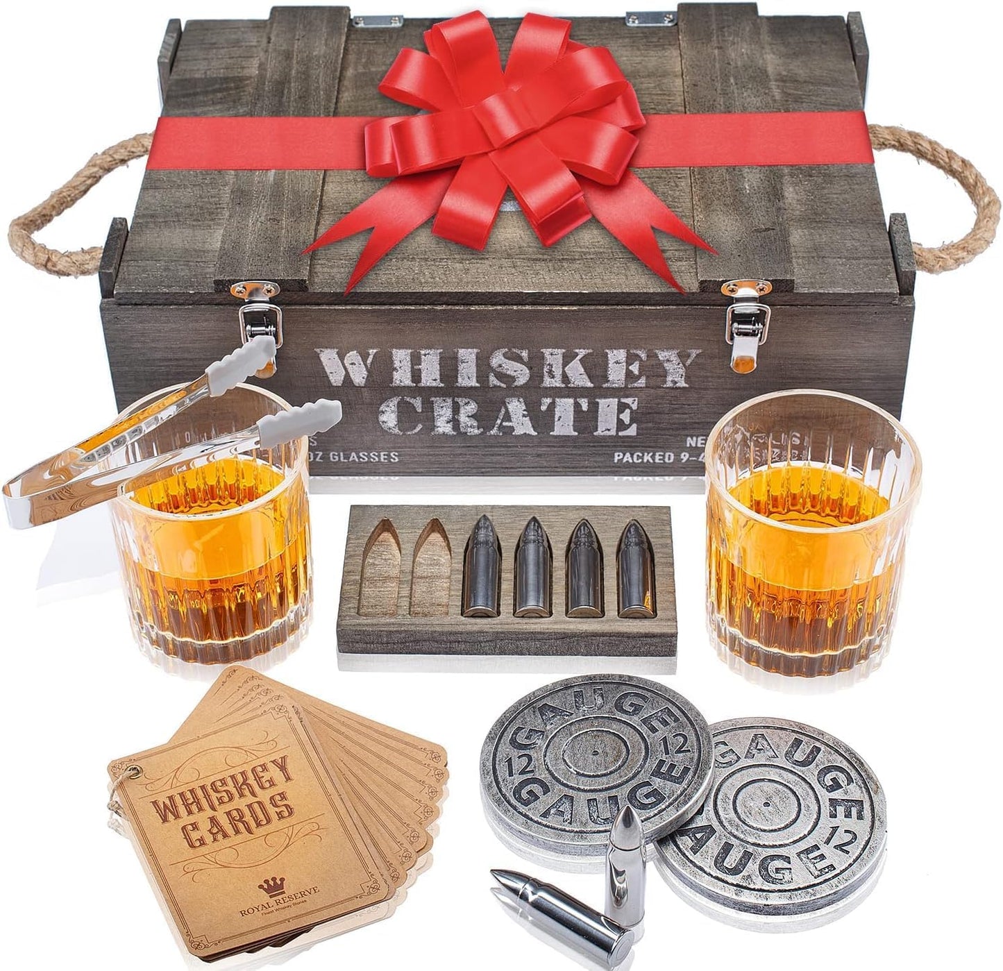Bullet Whiskey Stones Gift Set by Royal Reserve - Artisan Crafted Bourbon Glasses, Coasters, Crate – Whiskey Gifts - Birthday Gift for Men, Husband, Him, Dad, Boyfriend, Ranger, Hunter
