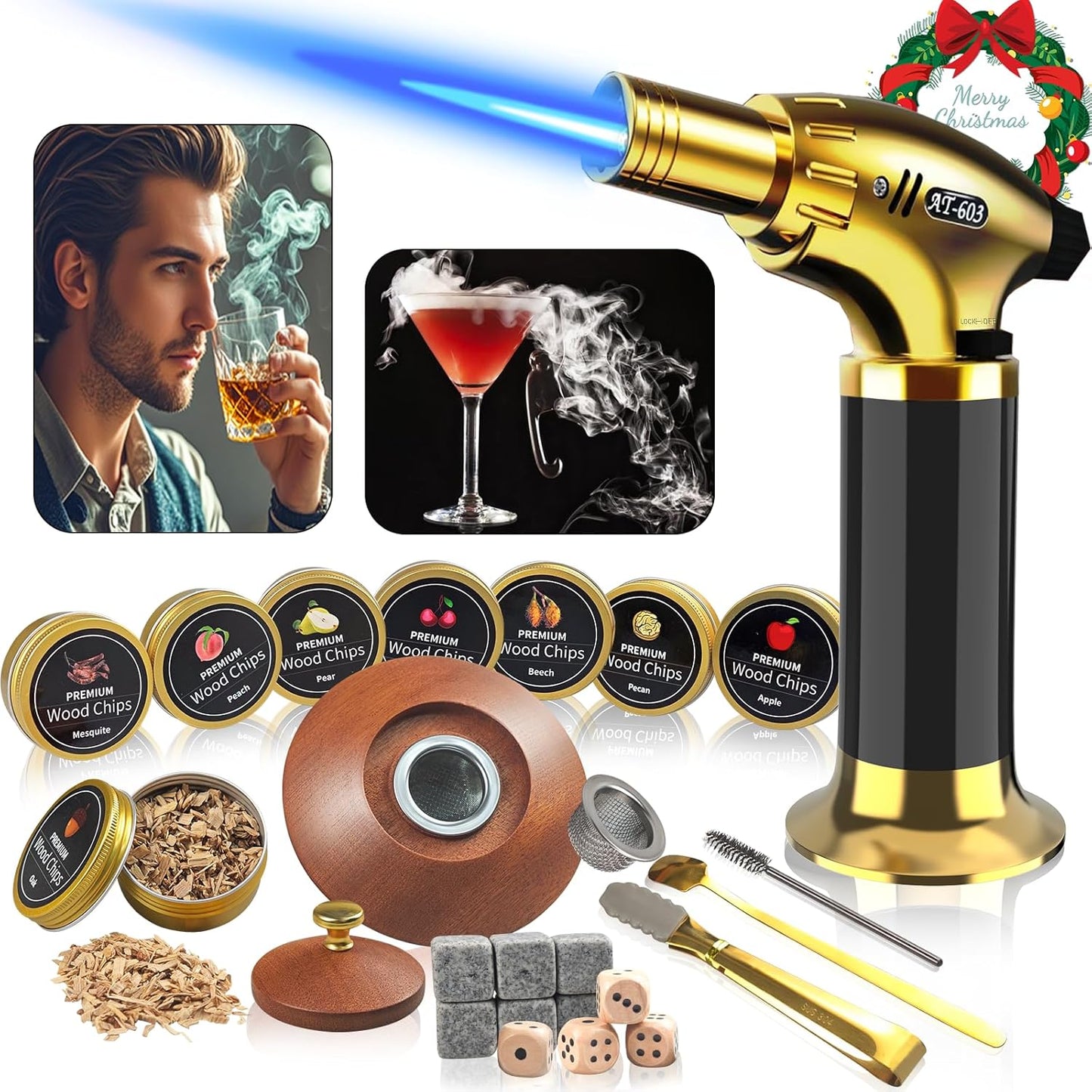 Cocktail Smoker Kit - Whiskey Smoker Kit with Torch,8 Flavors Wood Chips for Whiskey and Bourbon,Old Fashioned Smoker Set for Infused Cocktail,Cheese and Meats,Gifts for Men,Dad,Husband (NO Butane)