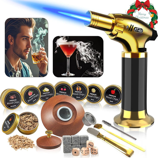 Cocktail Smoker Kit - Whiskey Smoker Kit with Torch,8 Flavors Wood Chips for Whiskey and Bourbon,Old Fashioned Smoker Set for Infused Cocktail,Cheese and Meats,Gifts for Men,Dad,Husband (NO Butane)