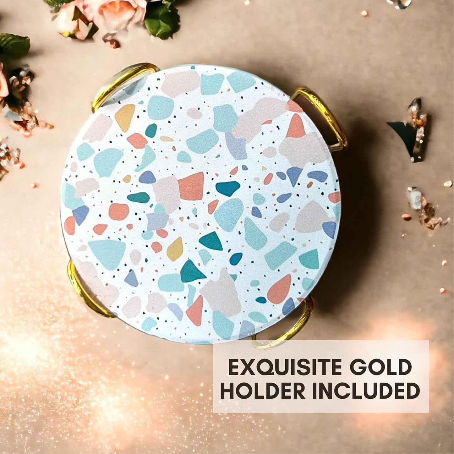 Terrazzo Coasters Set of 6, Ceramic Absorbent Drink Coasters, Cute Moisture Absorbing Coaster, Coffee Table Desk Decor, Colorful Stone Coaster for Drinks (Pastel)