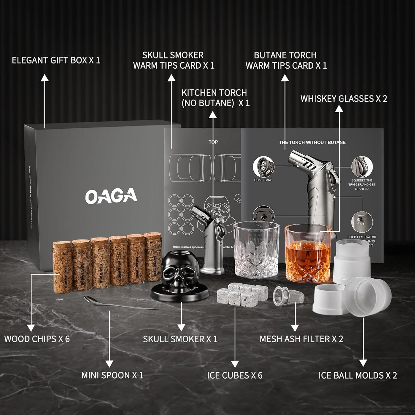 Whiskey Smoker Kit with Torch - 21 Sets - 6 Flavors Wood Chips - Bourbon, Cocktail Smoker Infuser Kit, Old Fashioned Drink Smoker Kit, Birthday Bourbon Whiskey Gifts for Men, Dad, Husband (No Butane)