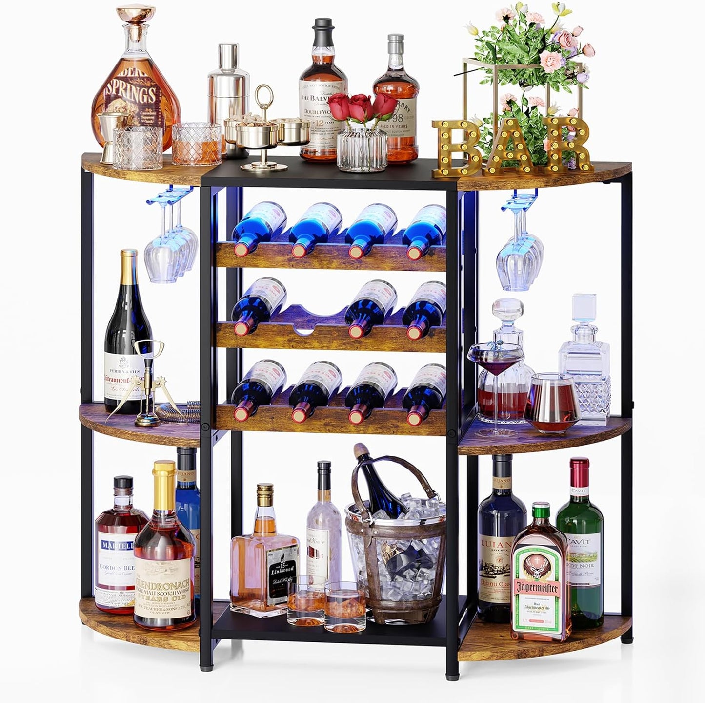 JKsmart Small Wine Bar Cabinet with LED Lights, Mini Wine Rack with Storage and Glass Holder, Home Bar Cart for Liquor, 3-Tier Bar Table for Kitchen, Dining Room, Living Room, Rustic Brown