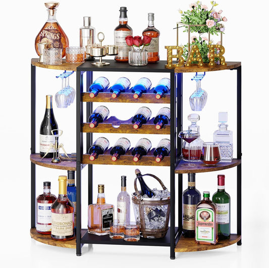 JKsmart Small Wine Bar Cabinet with LED Lights, Mini Wine Rack with Storage and Glass Holder, Home Bar Cart for Liquor, 3-Tier Bar Table for Kitchen, Dining Room, Living Room, Rustic Brown