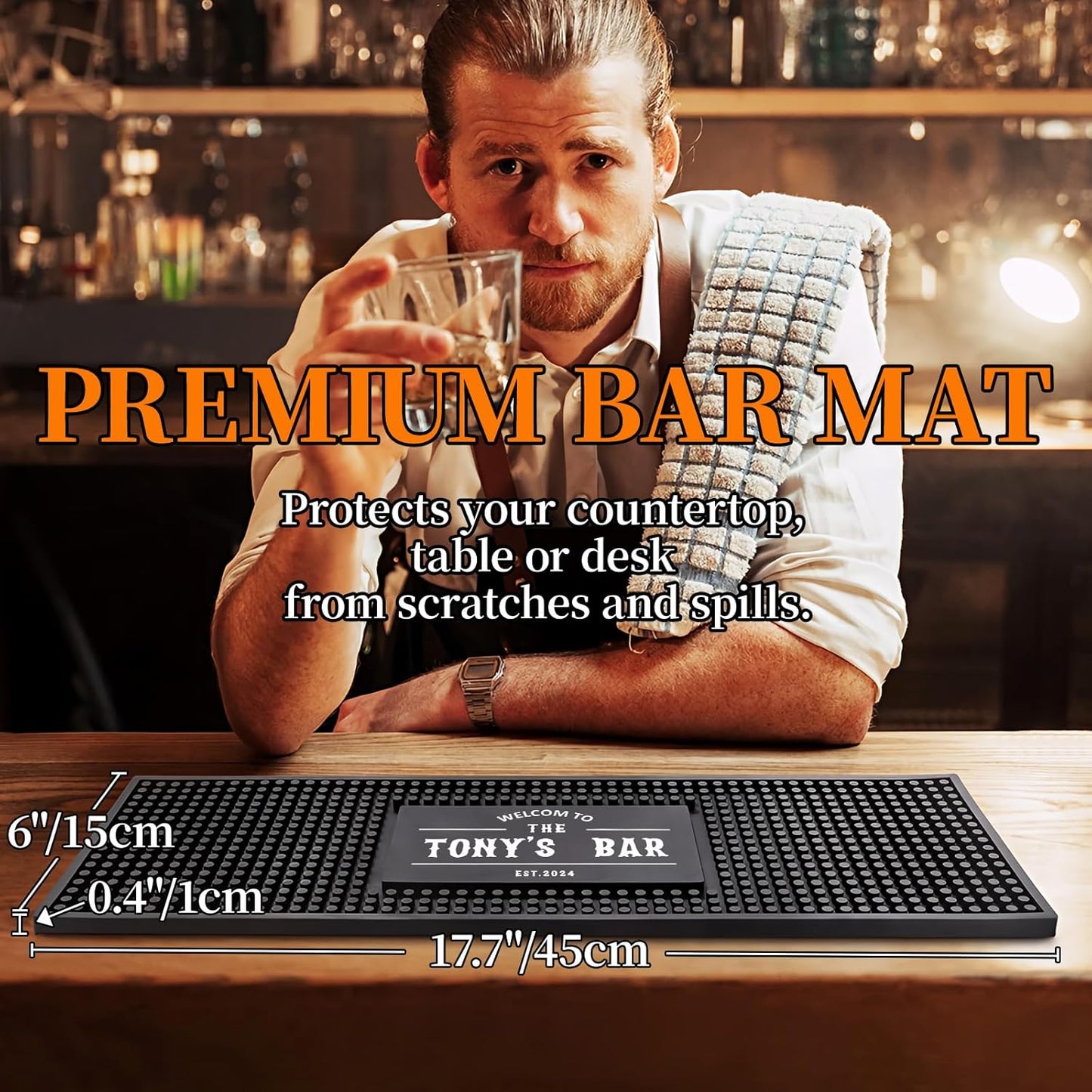 Personalised Bar Mat, Non-slip PVC Rubber Bar Mat, Custom Bar Name, Spill Mat for Countertop Home Bar Coffee Bar, Gifts for Bartender Drinking Lover Cocktail Lover Lover Newlywed, Beer Mat Decor