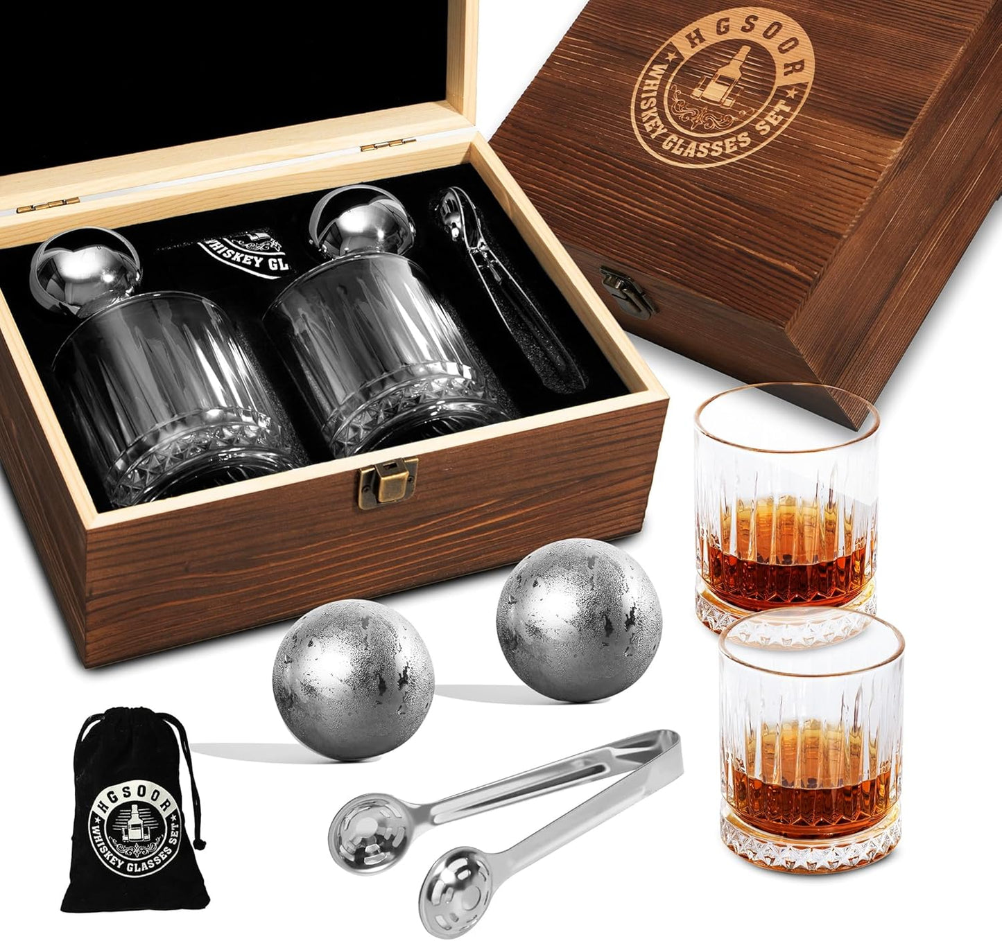 Whiskey Set Gifts for Men - Whisky Glass Set with 2 Large Stainless Steel Chilling Balls -Father's Day Anniversary Birthday Gifts for Men Dad Husband Him Boyfriend