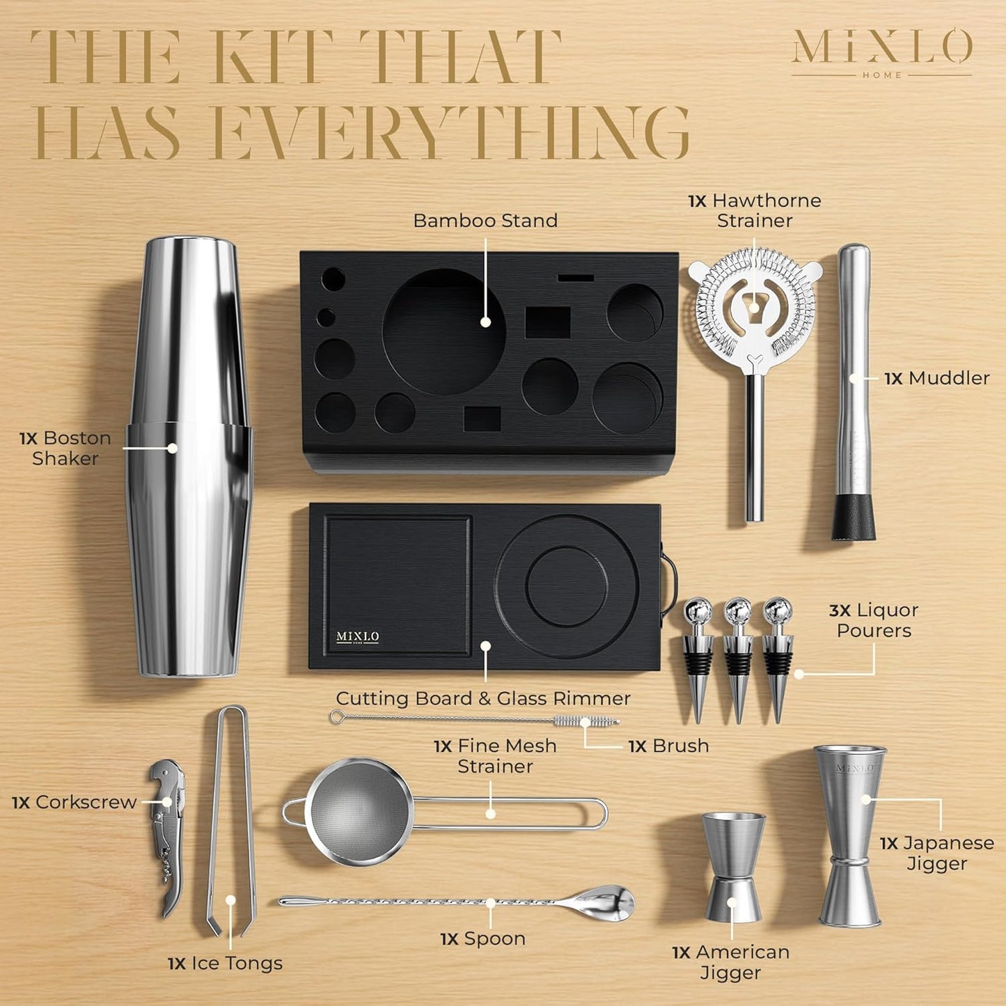 Mixology Bartender Kit -15Pcs Bar Set Cocktail Shaker Set w Black Bar Cart Accessories Stand - Shakers Bartending Silver Tools, 24oz Shaker, 17 Recipe Cards, Martini Barware