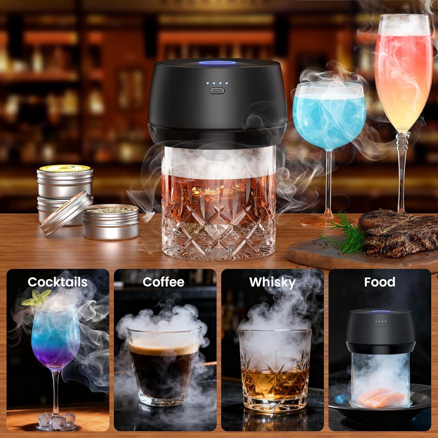 Electric Whiskey Smoker Kit: Rechargeable Cocktail Smoker for Old Fashioned & Bourbon Drinks with Built-in Lighter, No Butane Needed, 6 Wood Chips, Christmas Whiskey Gift for Men, Dad, Husband