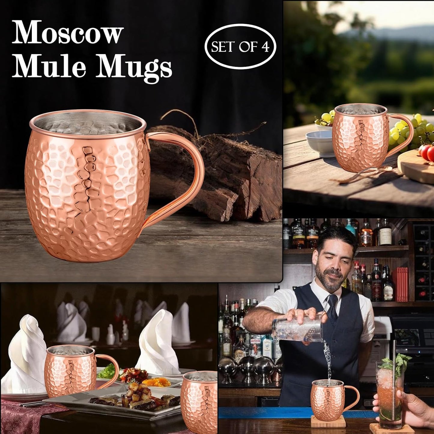 Moscow Mule Mugs Copper Cups Set of 4 Copper Mugs with 304 Stainless Steel Lining,Perfect For Wine, Beer, Cold Drink, Bar, Party, Gifts