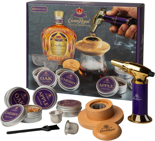 Crown Royal Cocktail Smoking Kit – Premium 10-Piece Whiskey Smoker Set with Butane Torch, Wood Chips (Oak, Apple, Cherry, Pecan), Mesh Burn Cups & Wooden Lid – Gift Set for Whiskey & Bourbon Lovers