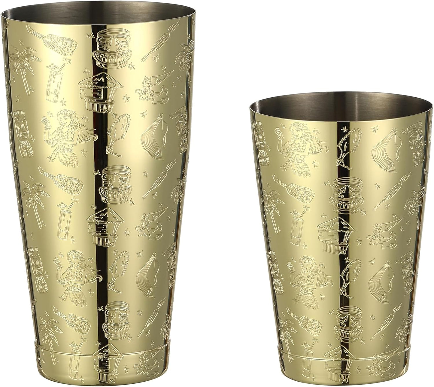 Weighted Boston Shaker Cocktail Shaker Etched with Tiki Imagery (Gold Tiki Graphic)