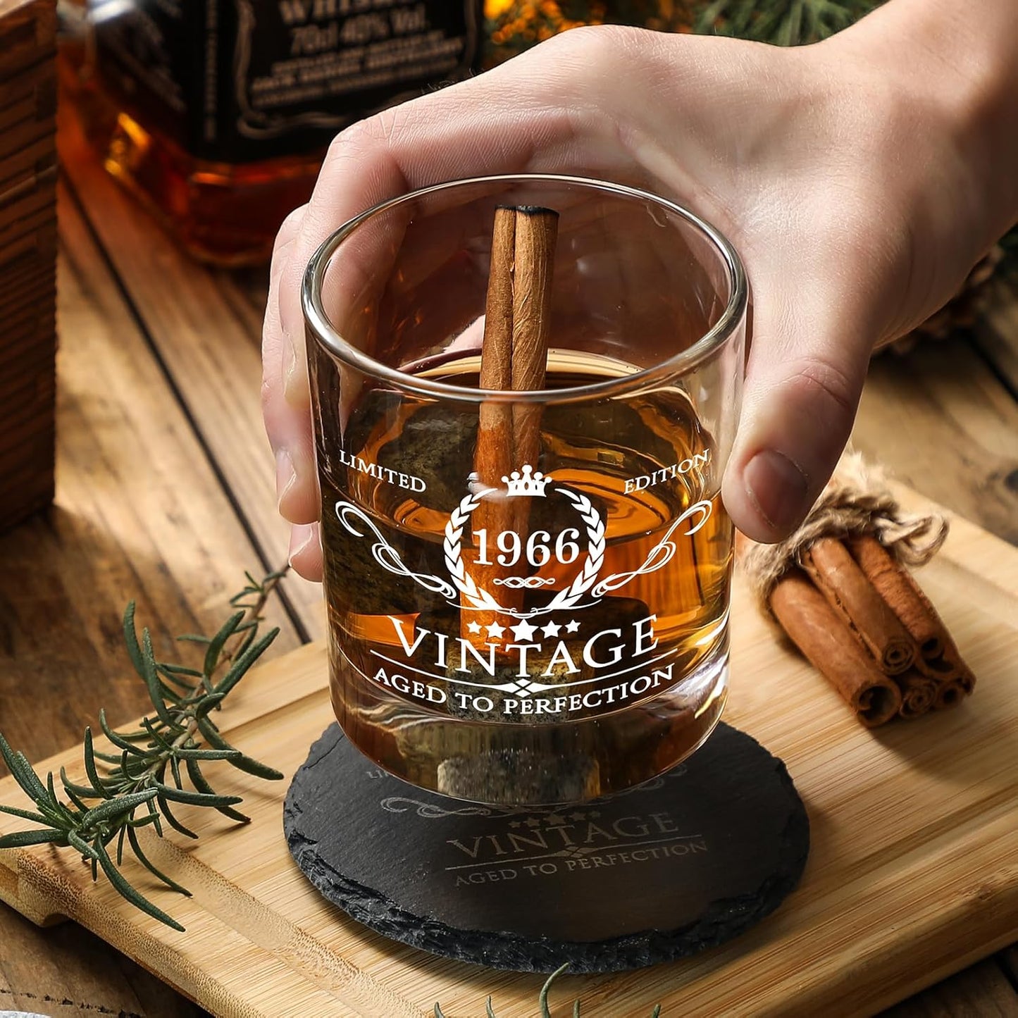 60th Birthday Gifts for Men Whiskey Glass Set - 60th Birthday Decorations, Party Supplies - 60 Year Anniversary, Bday Gifts Ideas for Him, Dad, Husband, Friends - Wood Box & Whiskey Stones & Coaster
