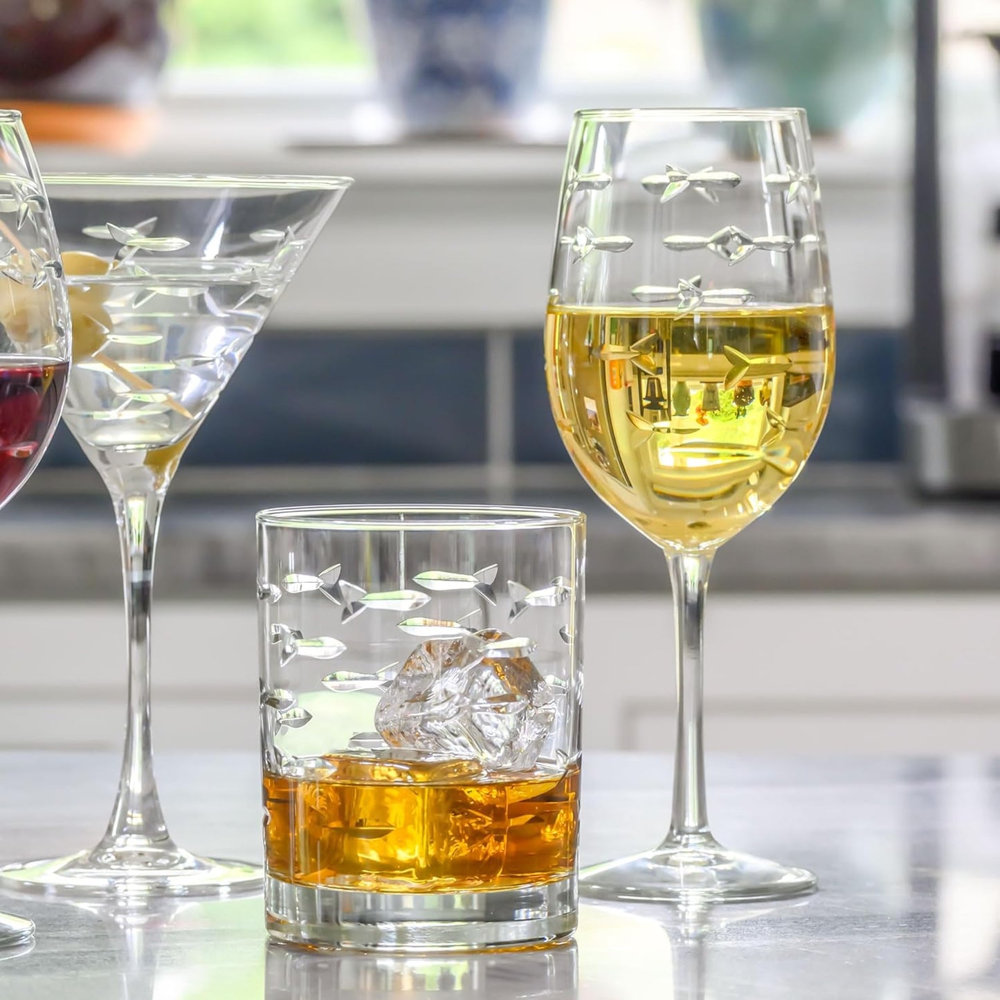 Rolf Glass School of Fish 13 oz Double Old Fashioned Whiskey Cocktail Glass | Set of 2 | Engraved Lead-free Tumbler Glasses | Made in the US