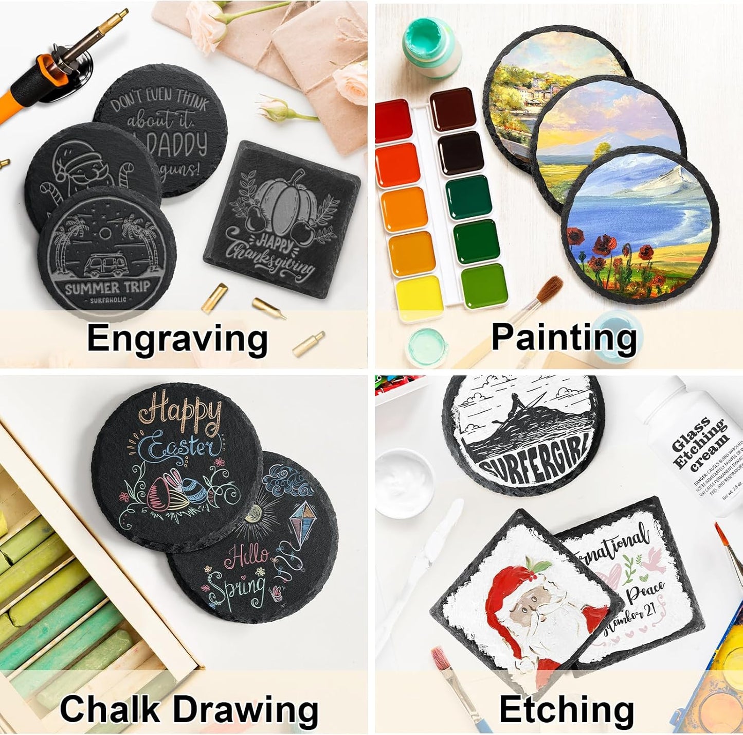 4 Inch Black Slate Stone Drink Coasters Set of 12 with Anti-Scratch Backing for Bar, Kitchen Home Living Decor, Laser Engraving,Cup, Etching, Gifts, Round