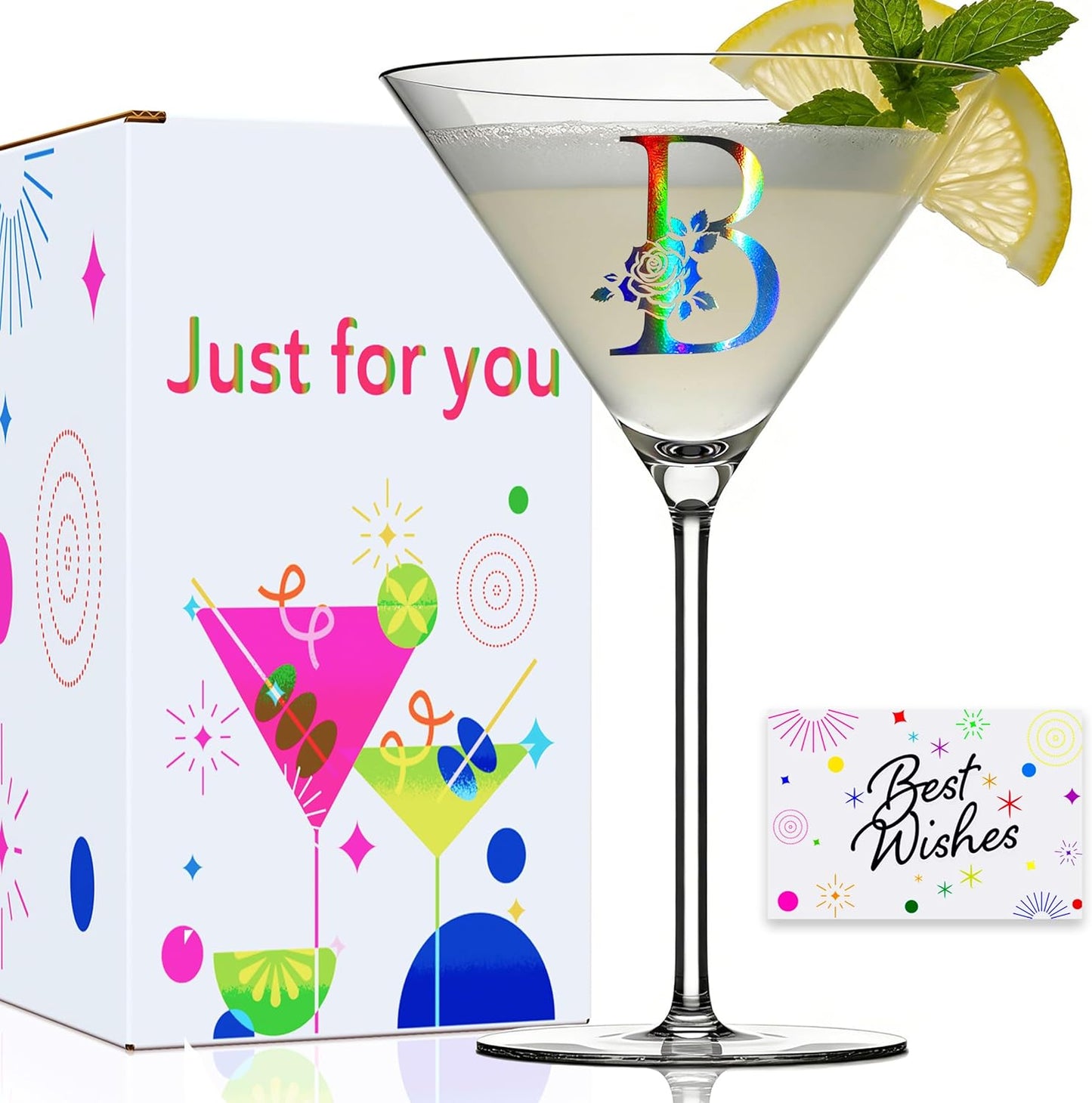 Monogrammed Martini Glasses Initial Letter B Gift for Woman Personalized A-Z Cocktail Glass Gifts Package with OverSize Martini Glass and Greeting Card for Women