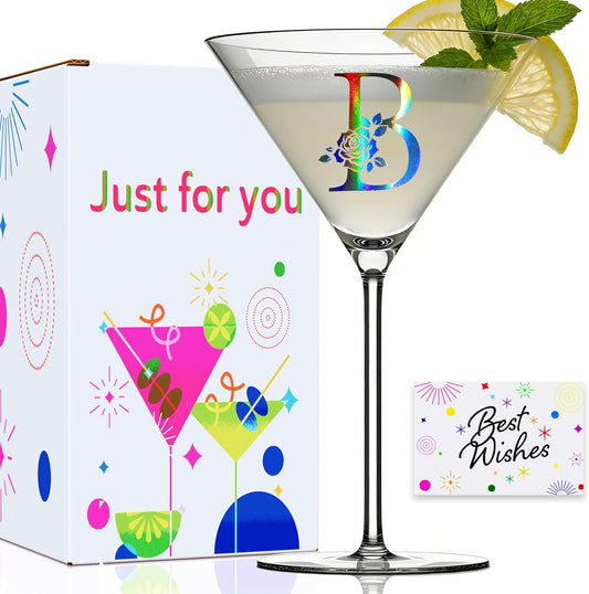 Monogrammed Martini Glasses Initial Letter B Gift for Woman Personalized A-Z Cocktail Glass Gifts Package with OverSize Martini Glass and Greeting Card for Women