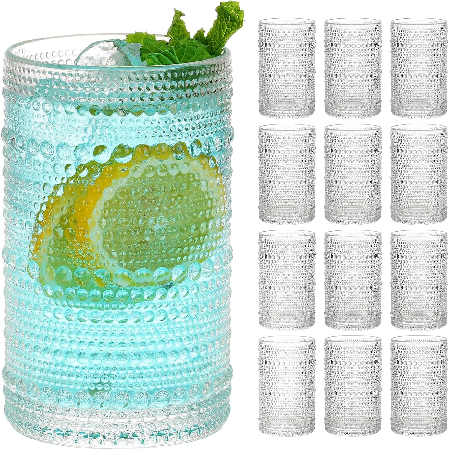 Moretoes Drinking Glasses Set of 12,12 Oz Hobnail Highball Glasses Clear Embossed Boho Water Glass Cups Kitchen Bar Tumbler Glassware Set for Whiskey, Beer, Juice, Milk and Various Mixed Drinks