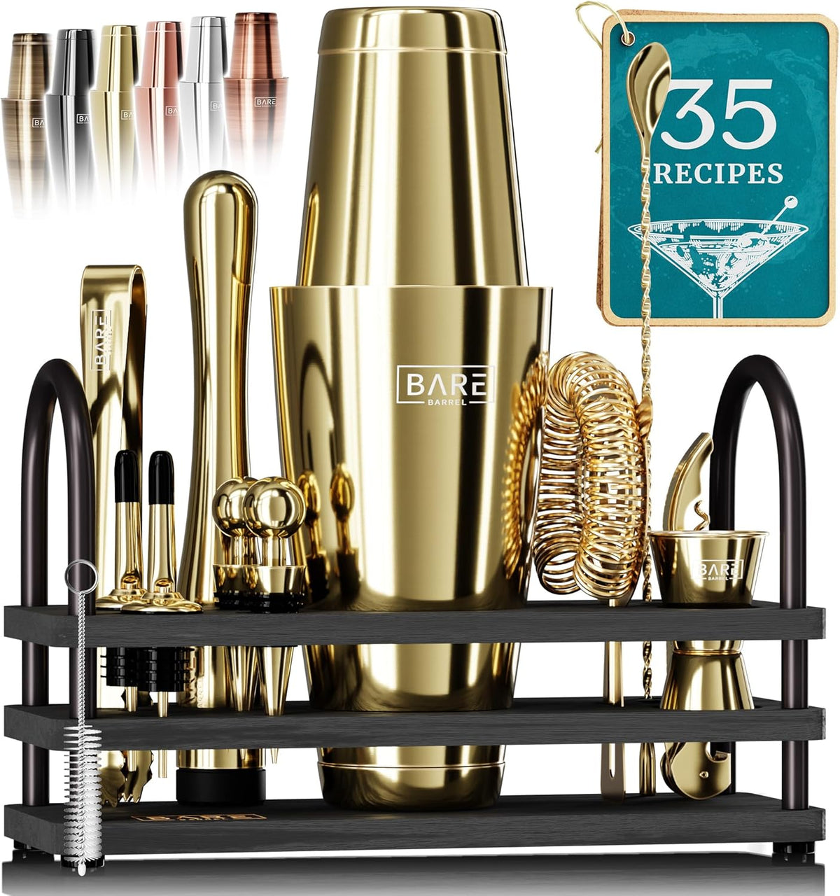 BARE BARREL® Mixology Bartender Kit Bar Set | 14-Piece Cocktail Shaker Set | Martini Barware Mixing Tools for Home Bartending | 35 Recipe Cards | Gift Set (28oz Boston Shaker, Jet Black/Black) - Gold/Black
