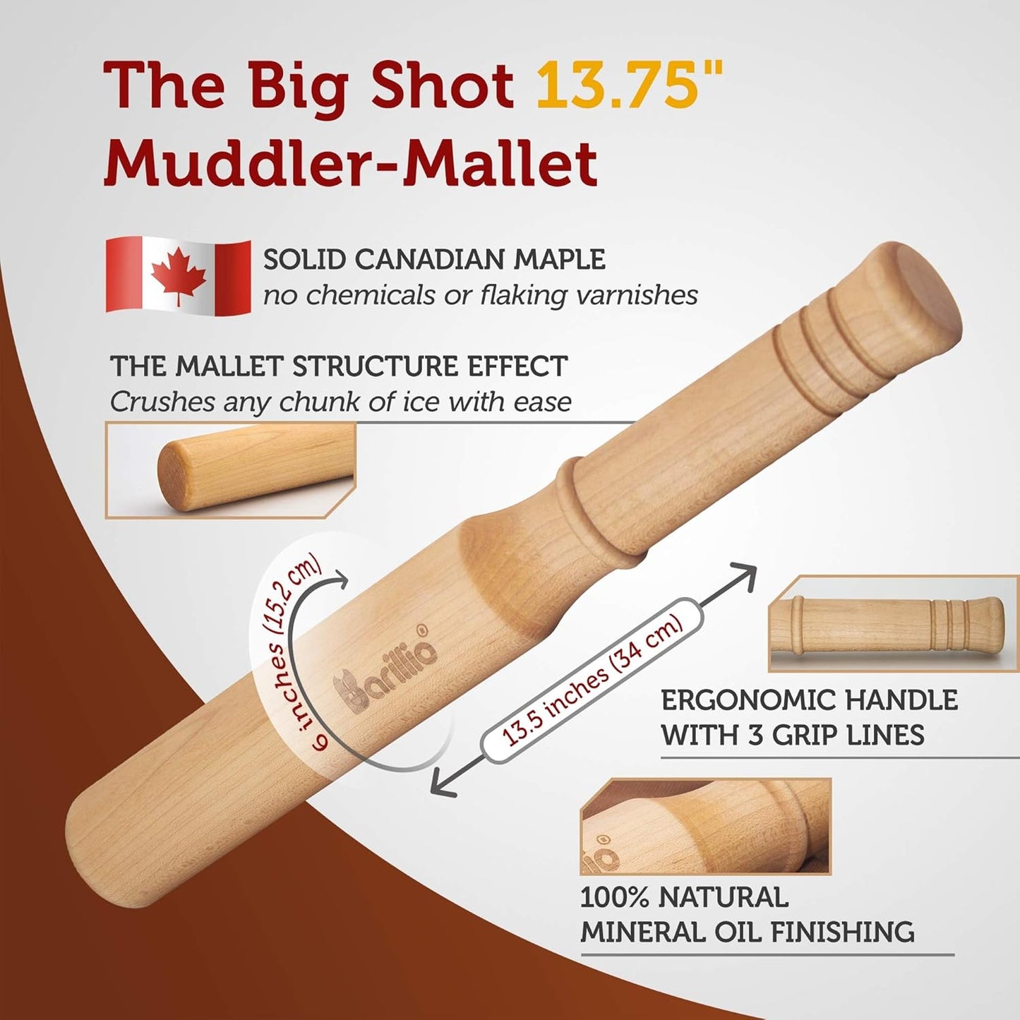 Barillio Drink Muddler Mallet and Lewis Bag Set - Big-Shot 13.75 Inch Wooden Muddler and Ice Hammer for Cocktails w/Canvas Ice Crushing Bag - Bar Tool Set