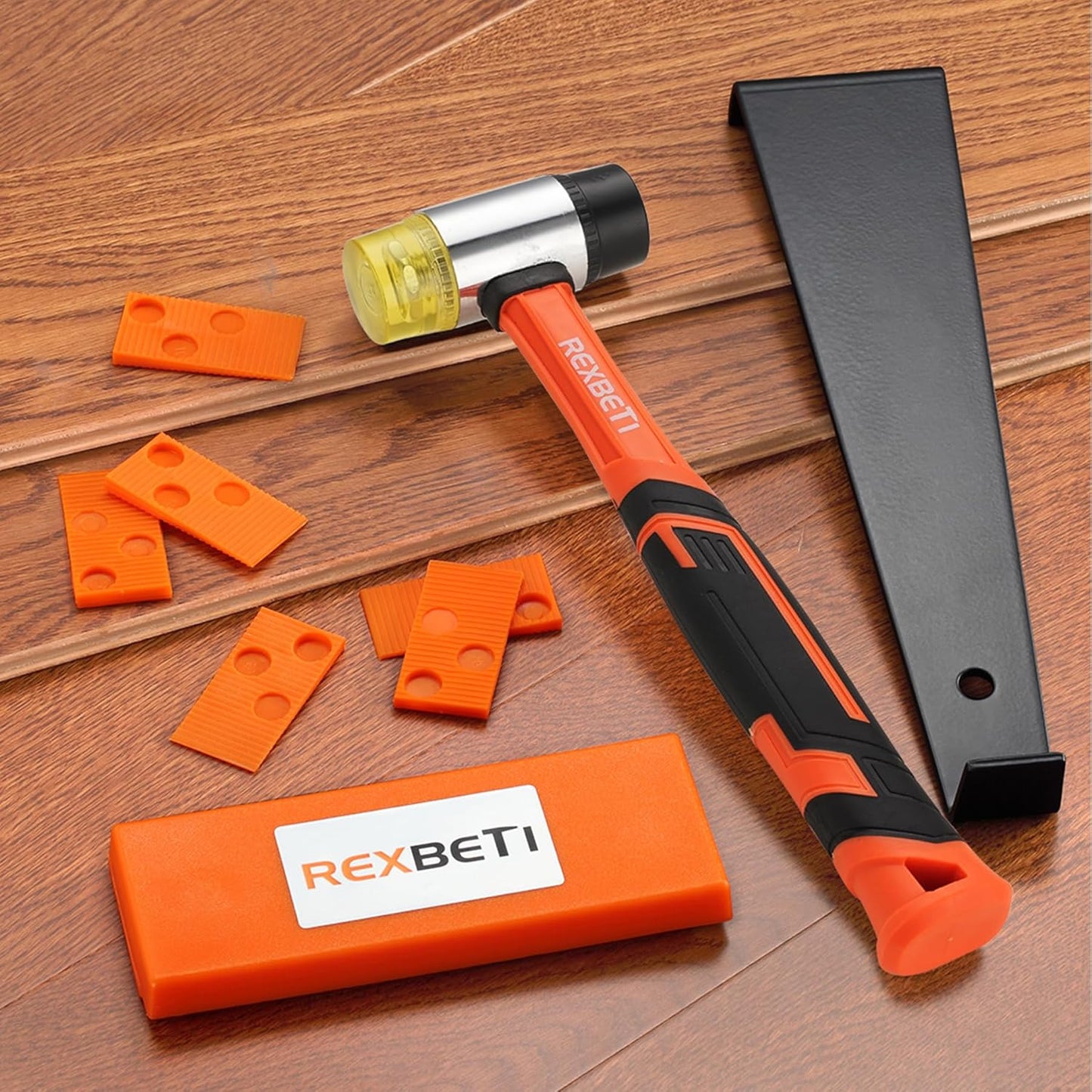 REXBETI 44-Piece Upgraded Laminate Wood Flooring Installation Kit with Solid Tapping Block, Long and Wider Pull Bar, Diameter 1 9/16" Reinforced Double-Faced Mallet, 10" Contour Gauge and 40 Spacers