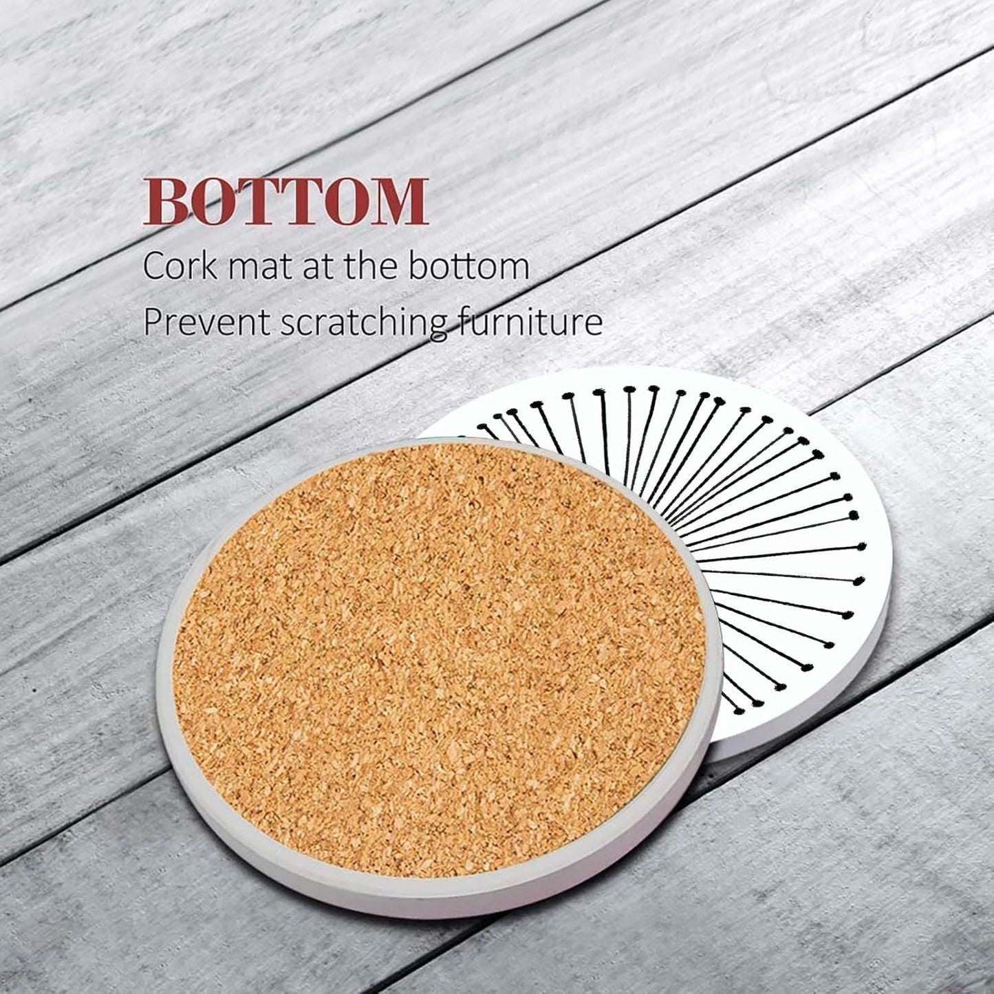 Coaster for Drinks Set of 6, Black White Geometry Absorbent Round Ceramic Stone Mat, with Cork Base and Metal Holder, Gift for Housewarming Room Bar Decor