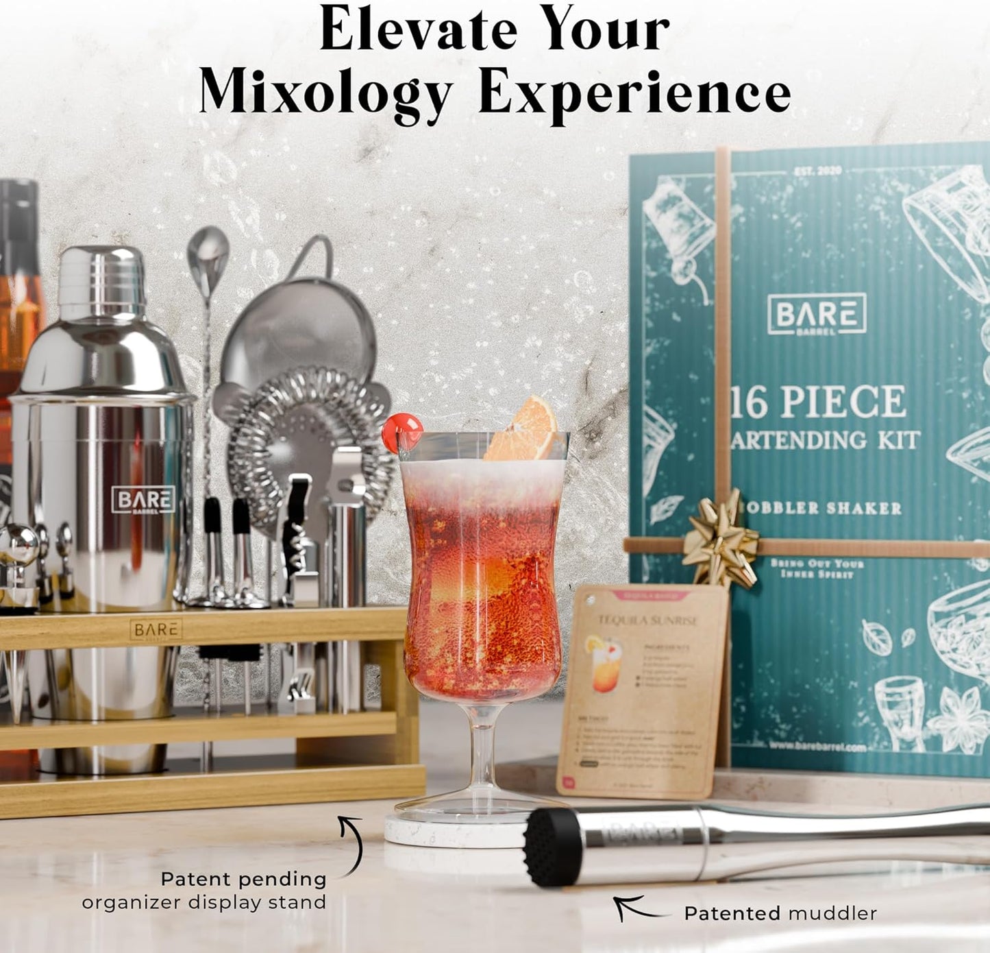 BARE BARREL® Mixology Bartender Kit Bar Set | 16-Piece Cocktail Shaker Set | Martini Barware Mixing Tools for Home Bartending | Incl. 35 Recipe Cards | Gift Set (24oz Cobbler Shaker, Silver/Natural)