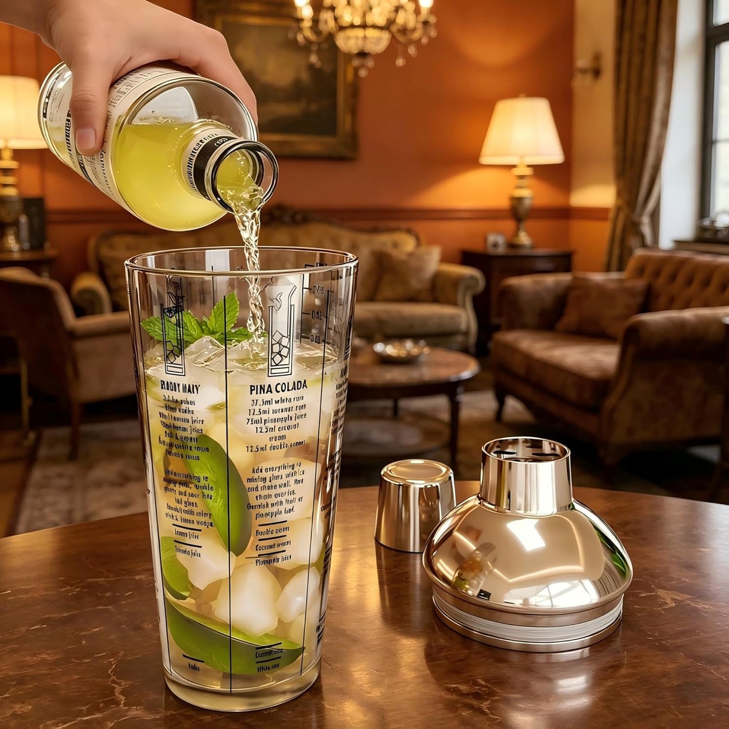Glass Cocktail Shaker, with Recipes and Measurements 20oz, Built-in Strainer and Leakproof Seal, Clear Bar Tool for Margaritas, Martinis