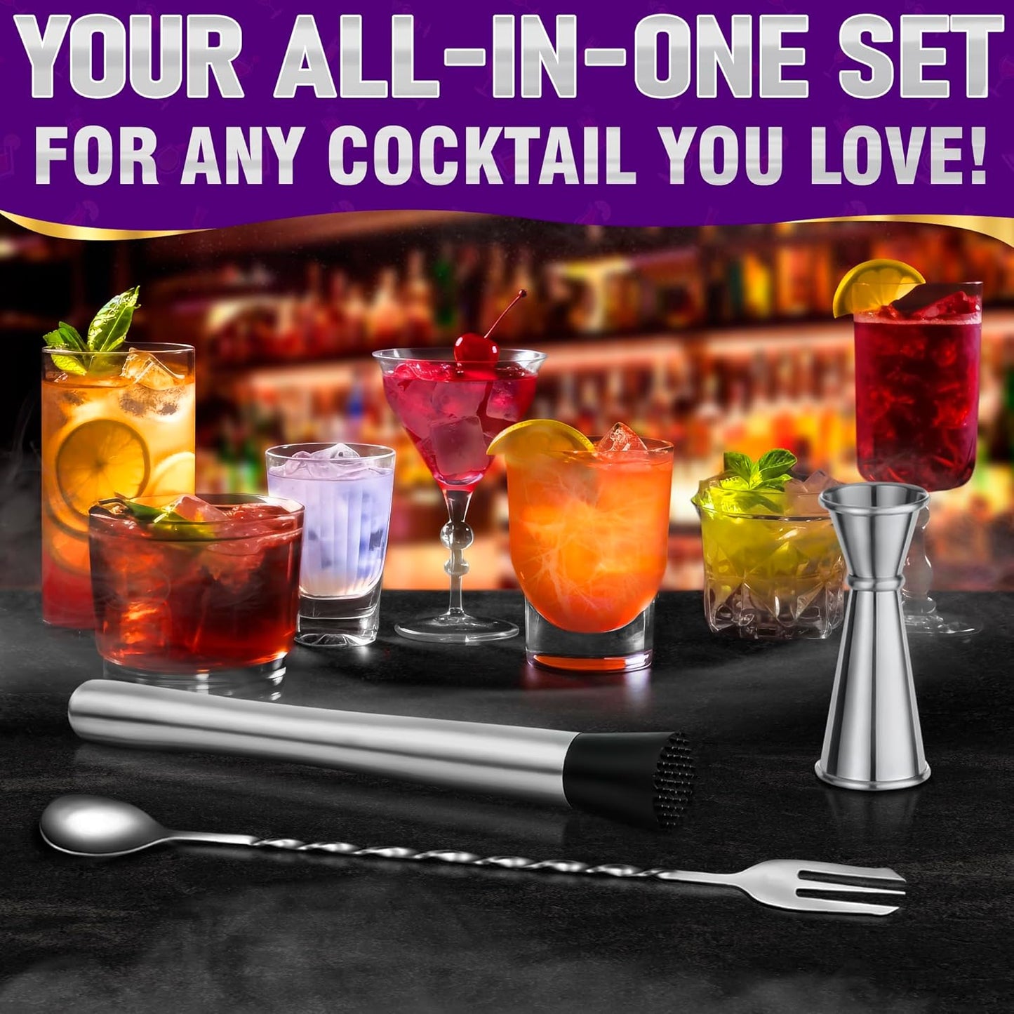 3 Pcs Muddler for Cocktails Set - Bar Muddler Tool with Sturdy Head, Versatile Cocktail Spoon & Jigger, Easy to Use & Clean, Stylish Rust-Resistant Stirring Tool - Bar Tools for Drinks Mixing