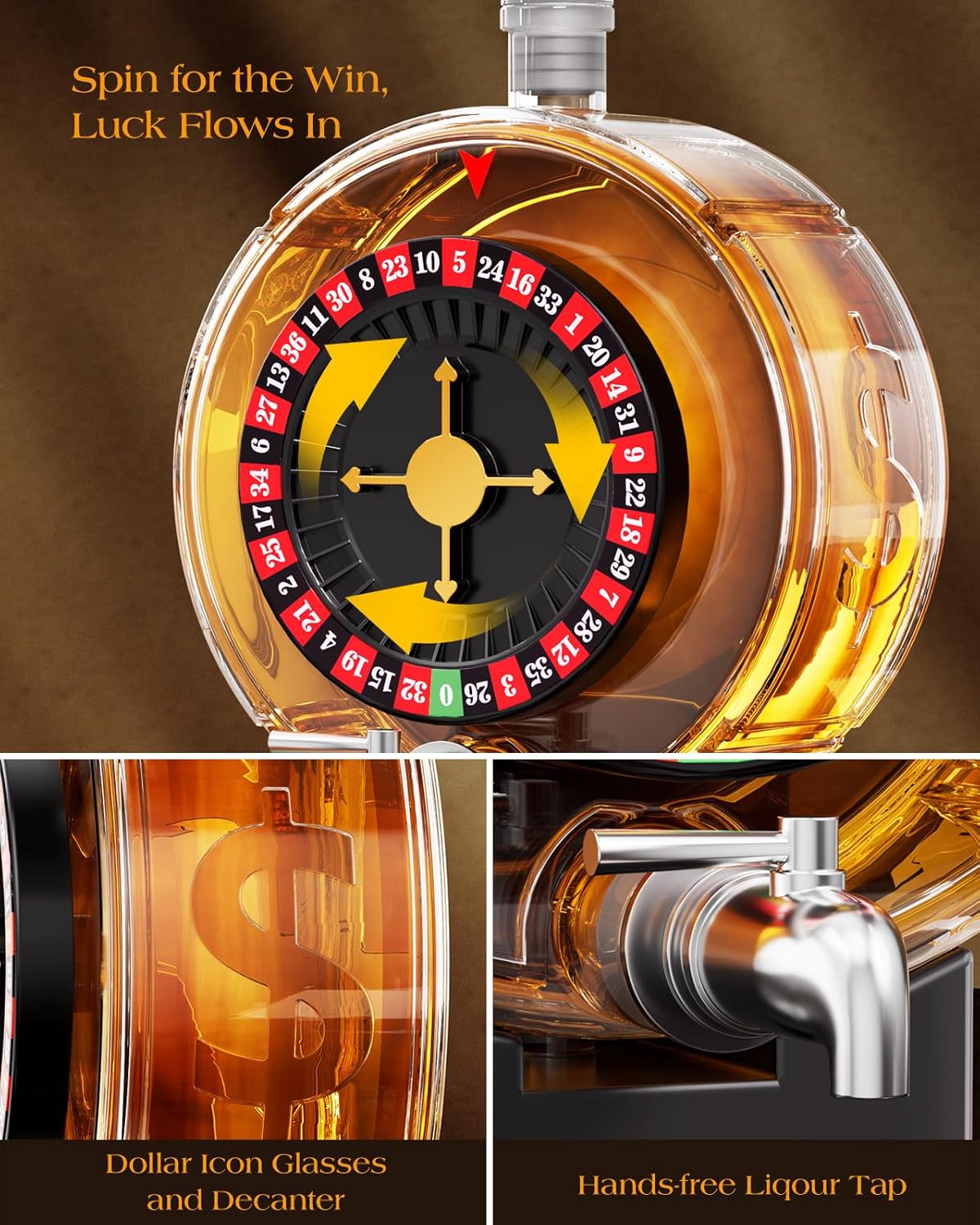 Kollea Roulette Whiskey Decanter Set, 60.9 Oz Casino-Style Slot Decanter with 4 Dollar Glasses, New Year Birthday Gifts for Men Dad, Him, Liquor Dispenser for Anniversary, Bar, Poker Night, Men Cave