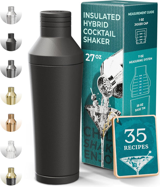 BARE BARREL Insulated Cocktail Shaker Set | Double Wall Stainless Steel | Martini Shaker for Home Bar Bartending | Built-in Drink Measure System & Strainer, Travel Bag, Recipes | Gift Set (Matt Black)
