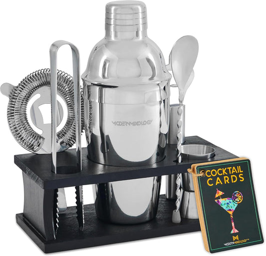 Modern Mixology Cocktail Shaker Set - Bartender Kit with Pine Stand | Leak-Proof Design | Includes Martini Shaker, Jigger, Strainer, Spoon, Tongs | Perfect Bar Tools Gift for Home Mixology (Silver)