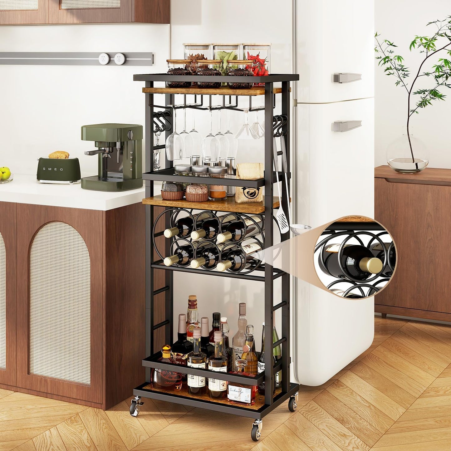 IBUYKE 4-Tier Wine Car Cabinet with Wheels,Wine Rack Freestanding Floor, Bar Cart for Liquor Whiskey Wine,Versatile Wine Bottle Display Shelf,Mini Bar for Home Living Room,Rustic Brown UTMJ912H