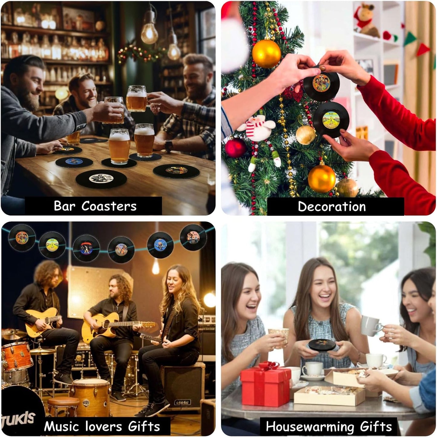 Funny Retro Vinyl Record Coasters, Creative Drink Coasters Set of 12 for Music Lovers, Housewarming Hostess Gifts, Birthday and White Elephant Gifts Ideas (12) (v03b)