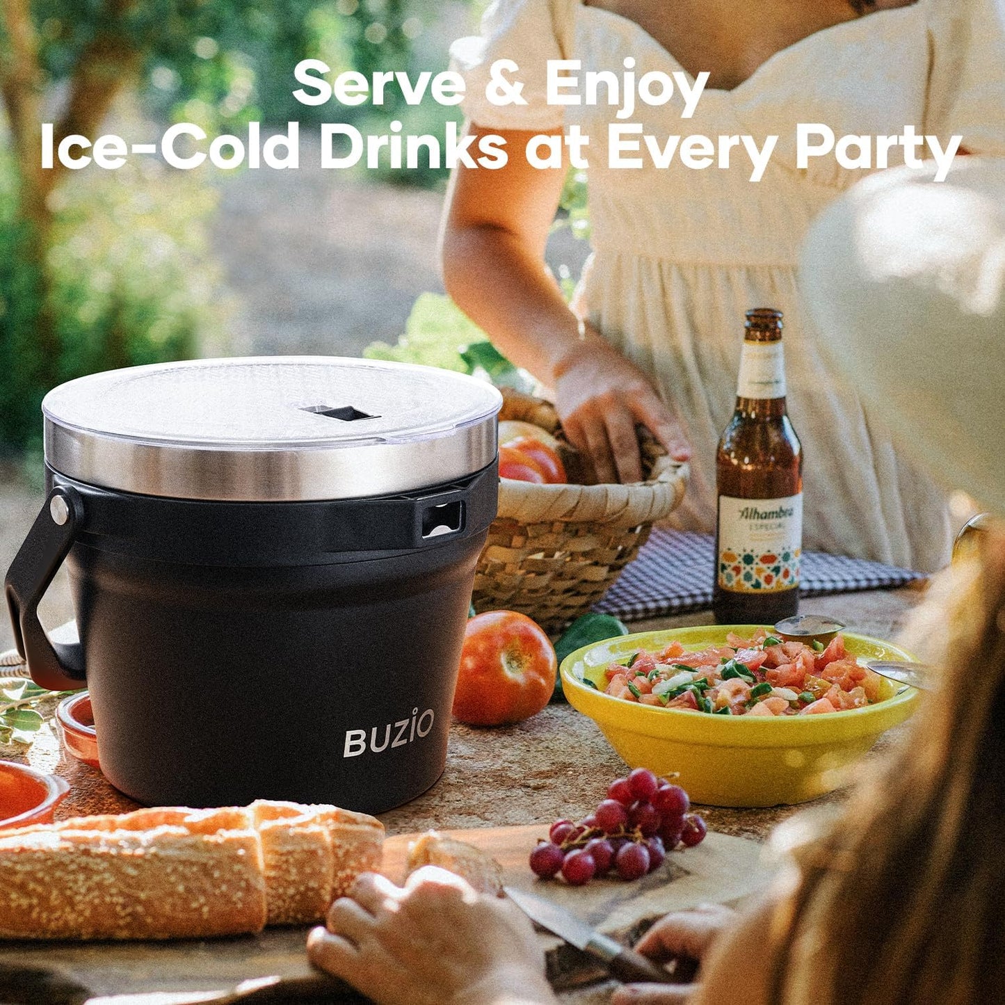 BUZIO 7.4 Qt/7 L Insulated Ice Bucket with Lid and Scoop & Tongs for Parties, Double Wall Vacuum Stainless Steel, Holds 6 Longnecks or 3 Wine Bottles, Large Beverage Bucket for Cocktail Bar, Black