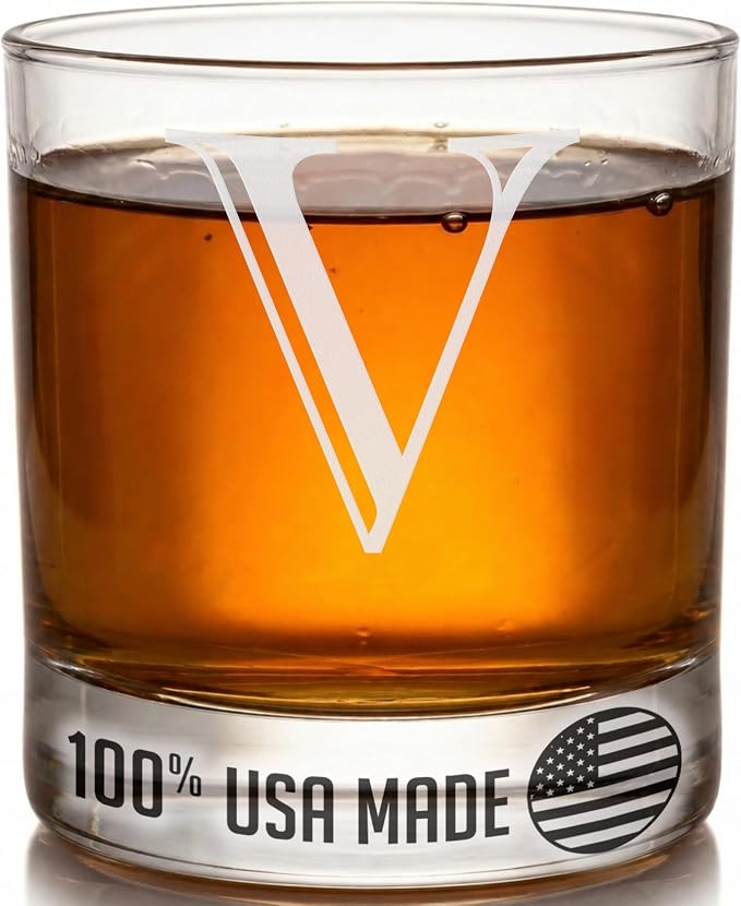 Etched Monogram 11oz Whiskey Rocks Glass (Letter J), A-Z Customized Bourbon Gifts for Men, Father’s Day, Personalized Old Fashioned Scotch Glass, Custom Engraved Gifts for Him, Initial, Name - Clear Etch V