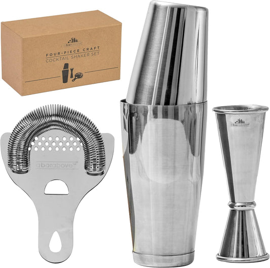 A Bar Above Cocktail Shaker Set, 4-Piece Professional Bartender Kit with Boston Shaker, Strainer and Jigger, Stainless Steel Bar Accessories for Craft Cocktails, Silver