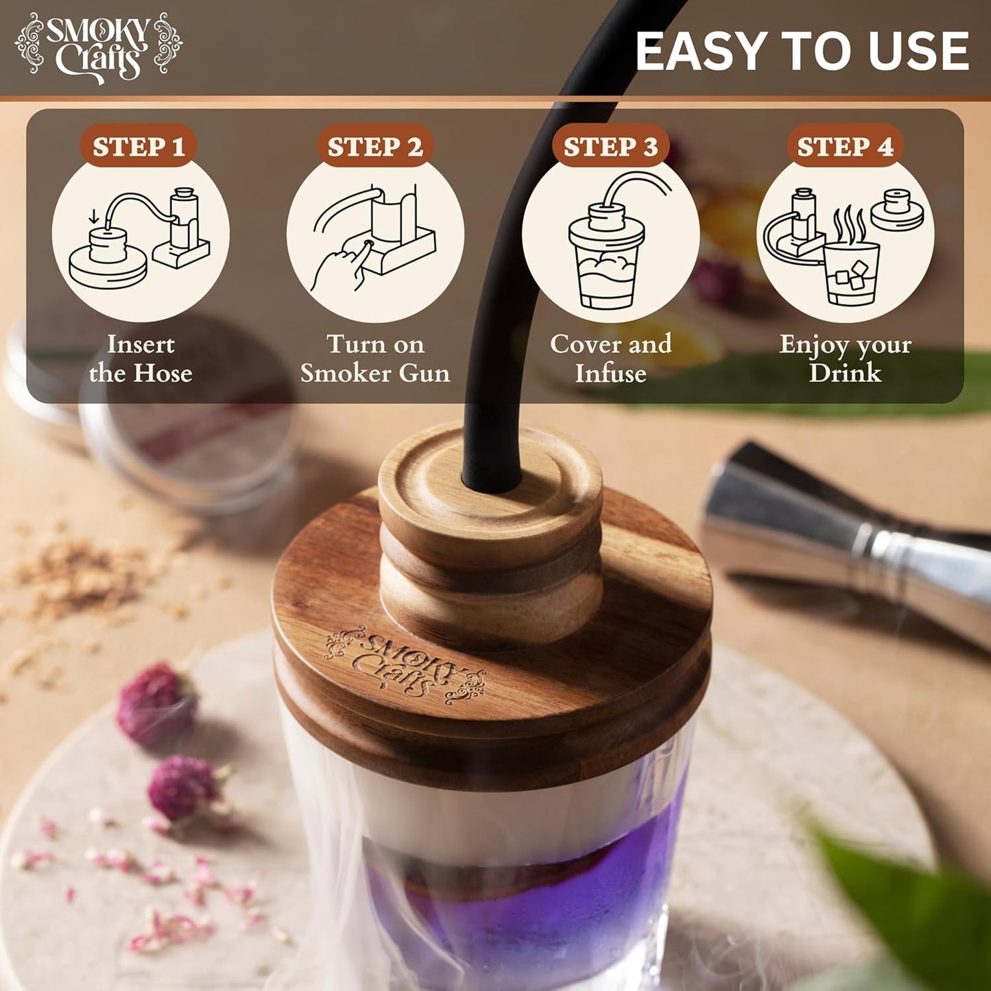 Smoky Crafts Whiskey Smoker Kit with Updated Smoke Gun, Acacia Wood Top and Wood Chips (Apple & Cherry) - Old Fashioned Smoker Kit