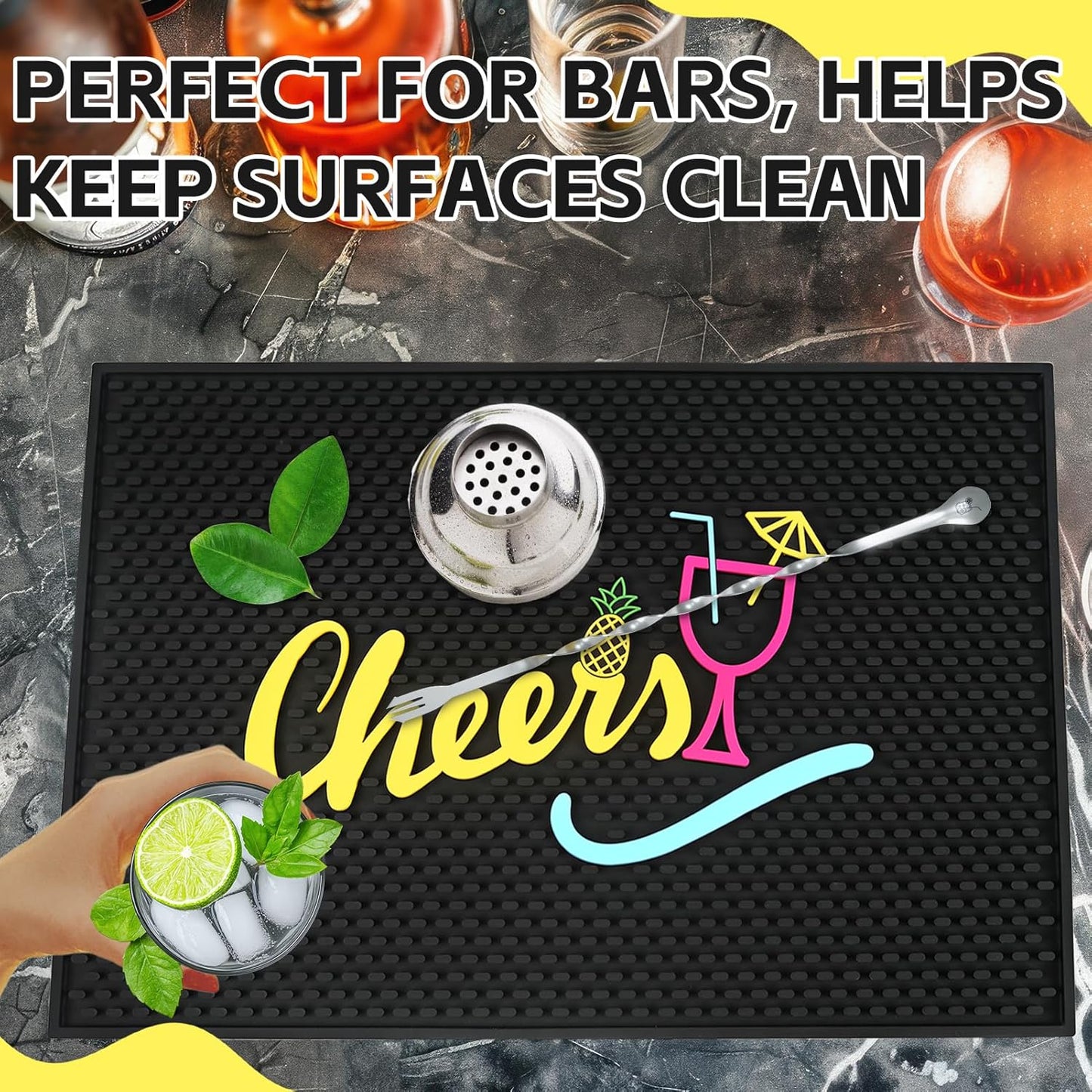Cheers Bar Mats for Bartending, 18"x12" Large Thick Rubber Non-Slip Spill-Proof Tiki Bar Mat, Bartender Mat for Home Coffee Bar Cocktail Accessories