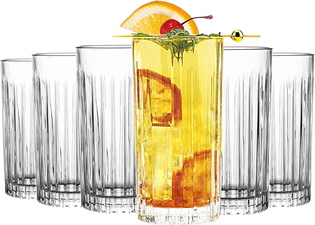 Highball Glasses Collins Tall Beverage Set of 6, 14 Ounce Cups Glassware for Drinks, Water, Beer, Soda - Style G