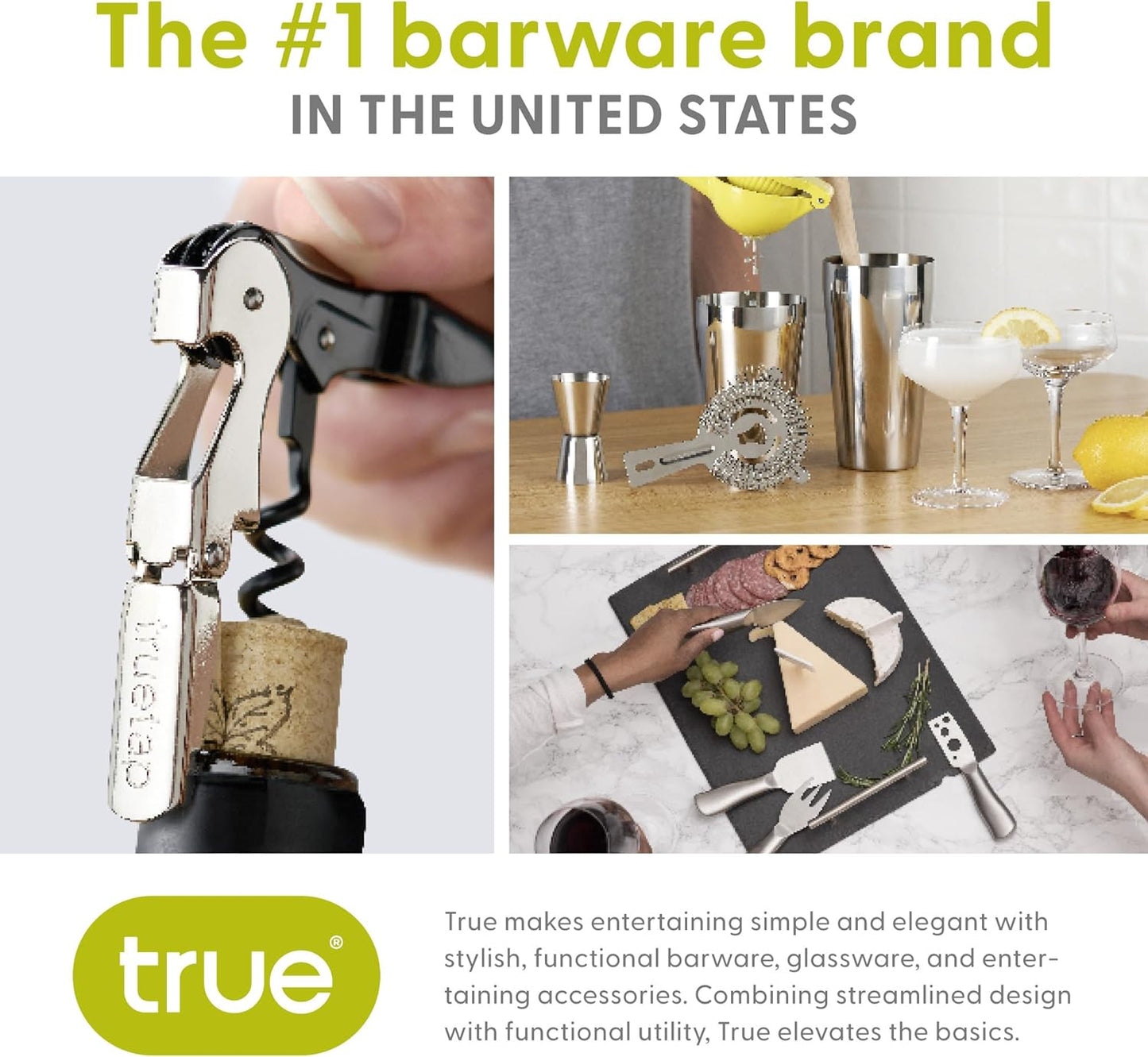 True 3-Piece Barware Set for Mixed Drinks and Cold Brew Cocktails, Includes Cocktail Shaker Tin, Cocktail Mixing Glass with 7 Printed Recipes, and Hawthorne Strainer, Home Bar Tools, Bartender Gifts
