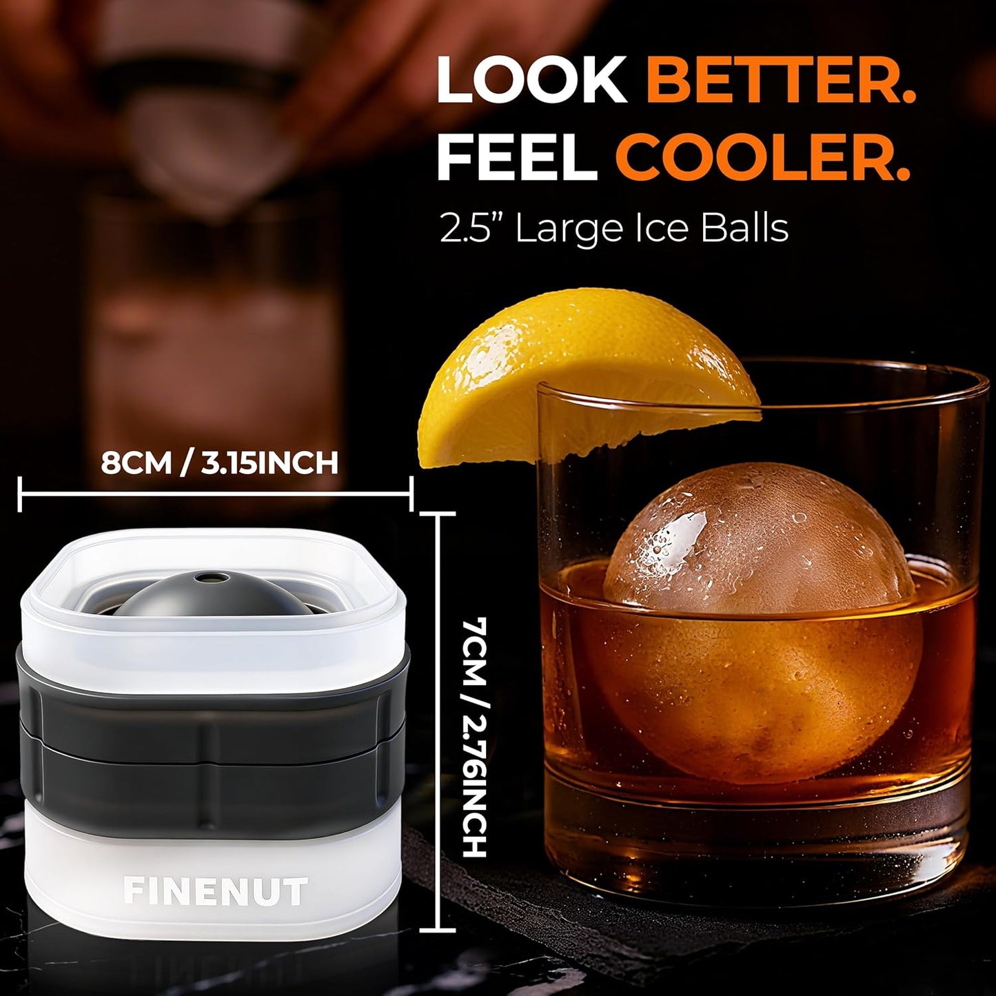 Easy Release Ice Ball Maker Mold, 2 Pack, 2.5 Inch Large Round Ice Cube Mold for Whiskey & Cocktails, Stackable Lid, Leak-Resistant Silicone