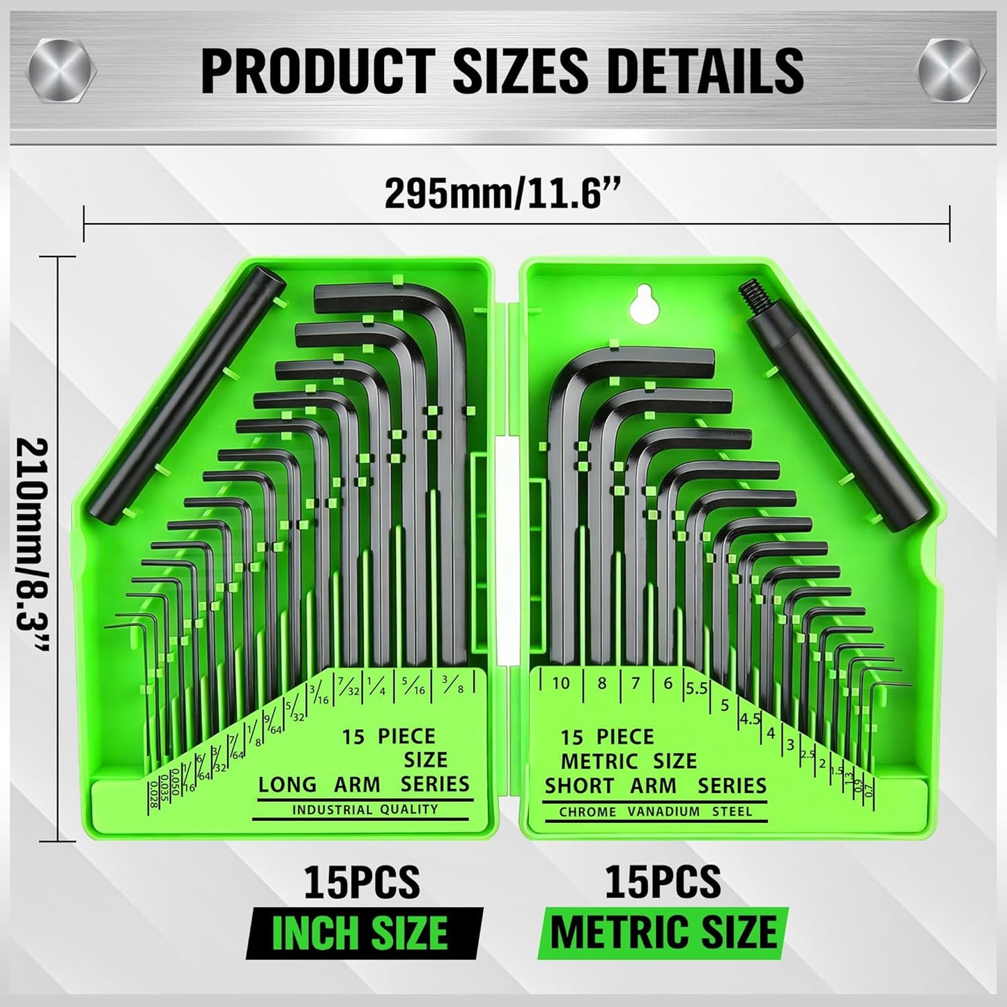 SWANLAKE GARDEN TOOLS 32-Piece Hex Key Allen Wrench Set, SAE and Metric Allen Keys MM(0.7mm-10mm) SAE(0.028"-3/8), L Shape, Chrome Vanadium Steel, Easy Organization