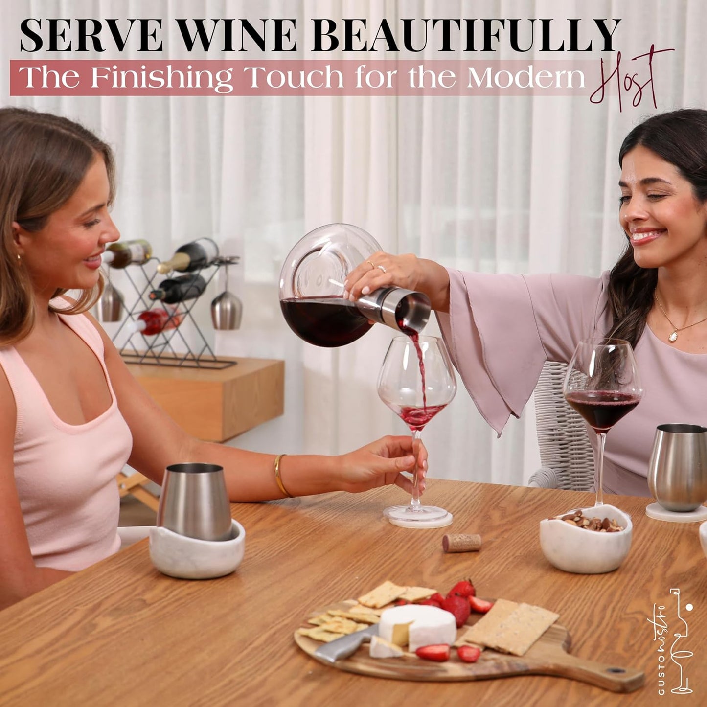 Gusto Nostro Crystal Wine Decanter with Aerator Pourer - Premium Hand-blown Lead-free Glass Wine Decanter Set for Red Wines - Carafe with Lid Filter for Smooth Pouring - Stainless Steel Spout Included