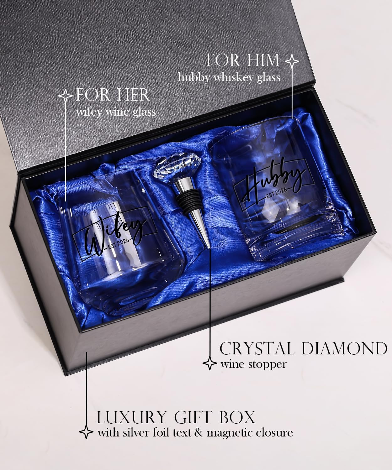comfit Wedding Gifts for Couples 2026,Bridal Shower Gifts, His and Hers Gift,Whiskey Wine Glasses with Diamond Wine Stopper Set，Anniversary Christmas Gift for Couples，Hubby and Wifey