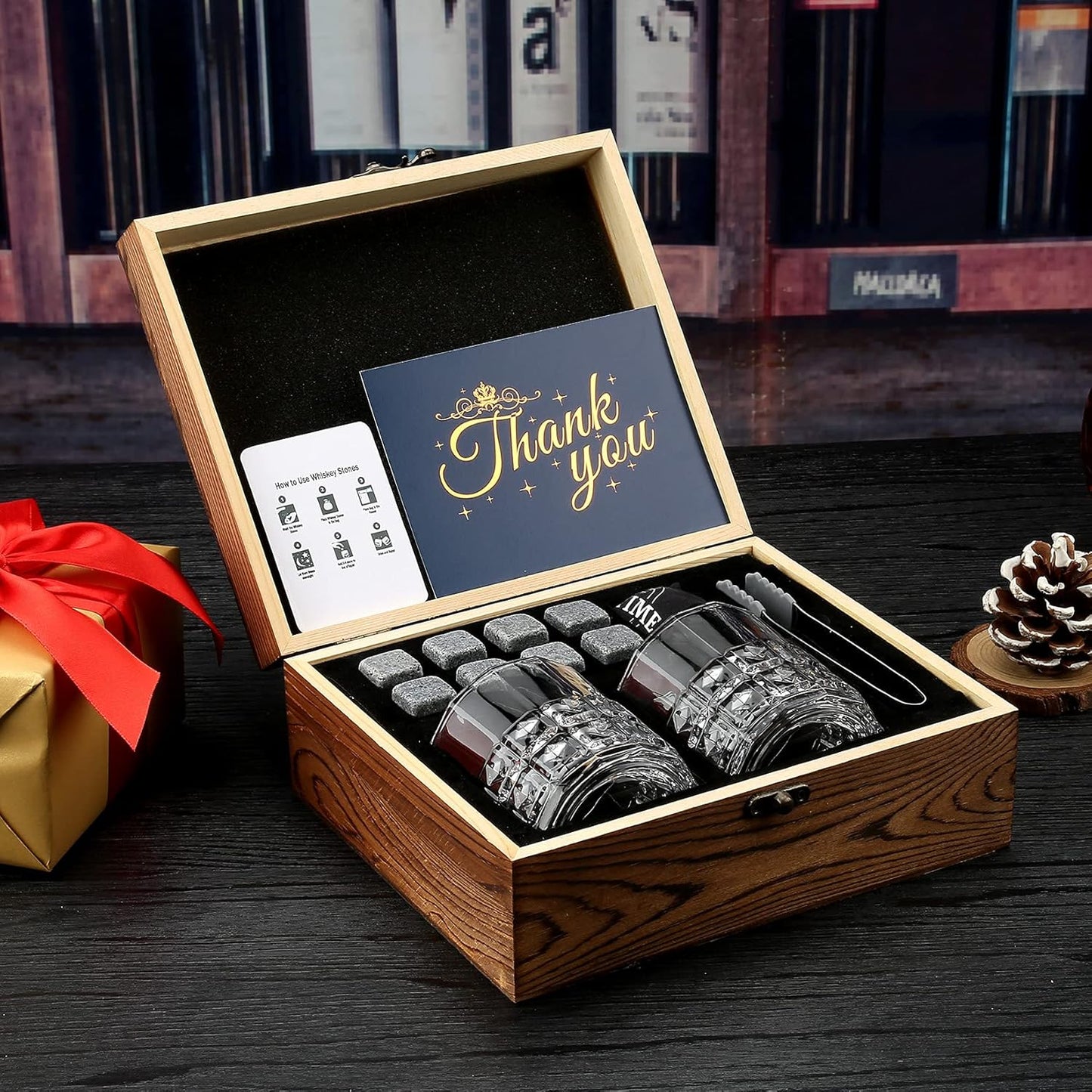 Whiskey Gifts for Men, Whiskey Glasses Set of 2, Granite Chilling Whiskey Stones, Bourbon Gifts for Men, Unique Giftss for Mens Birthday Christmas Father's Day Valentine Retirement Groomsmen